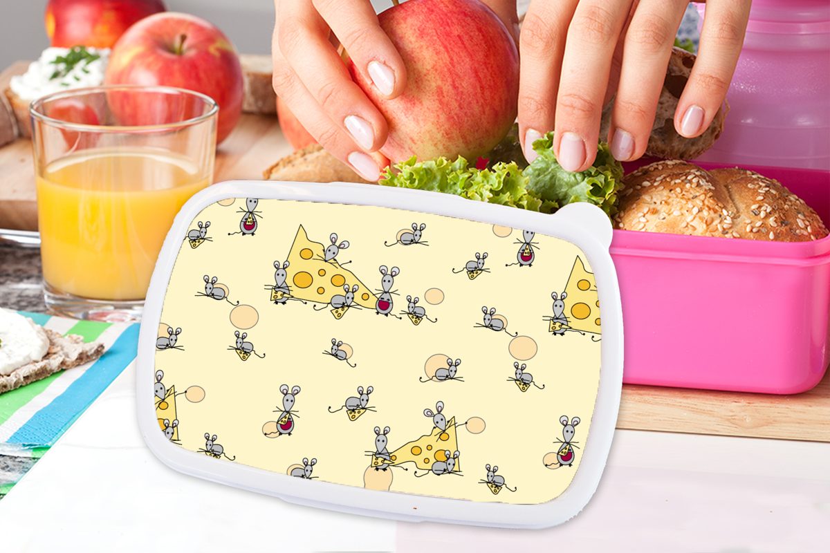 MuchoWow Lunchbox Käse - Erwachsene, Mäuse, rosa Brotbox Kunststoff - Brotdose Kinder, Muster (2-tlg), für Mädchen, Tiere Snackbox, - Kunststoff