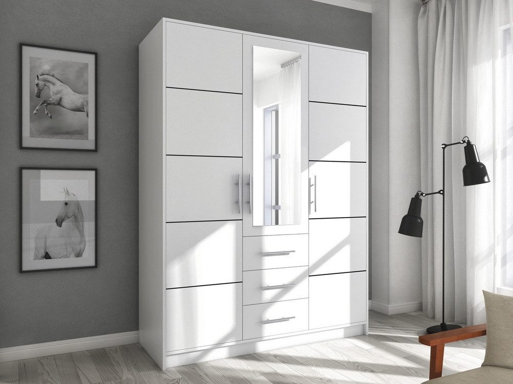 Beautysofa Kleiderschrank BALID D3 Schrank mit Spiegel (Drehtürenschrank mit Einlegeböden, Kleiderstange und 3 Schubladen, 3-türig) Breite: 147 cm