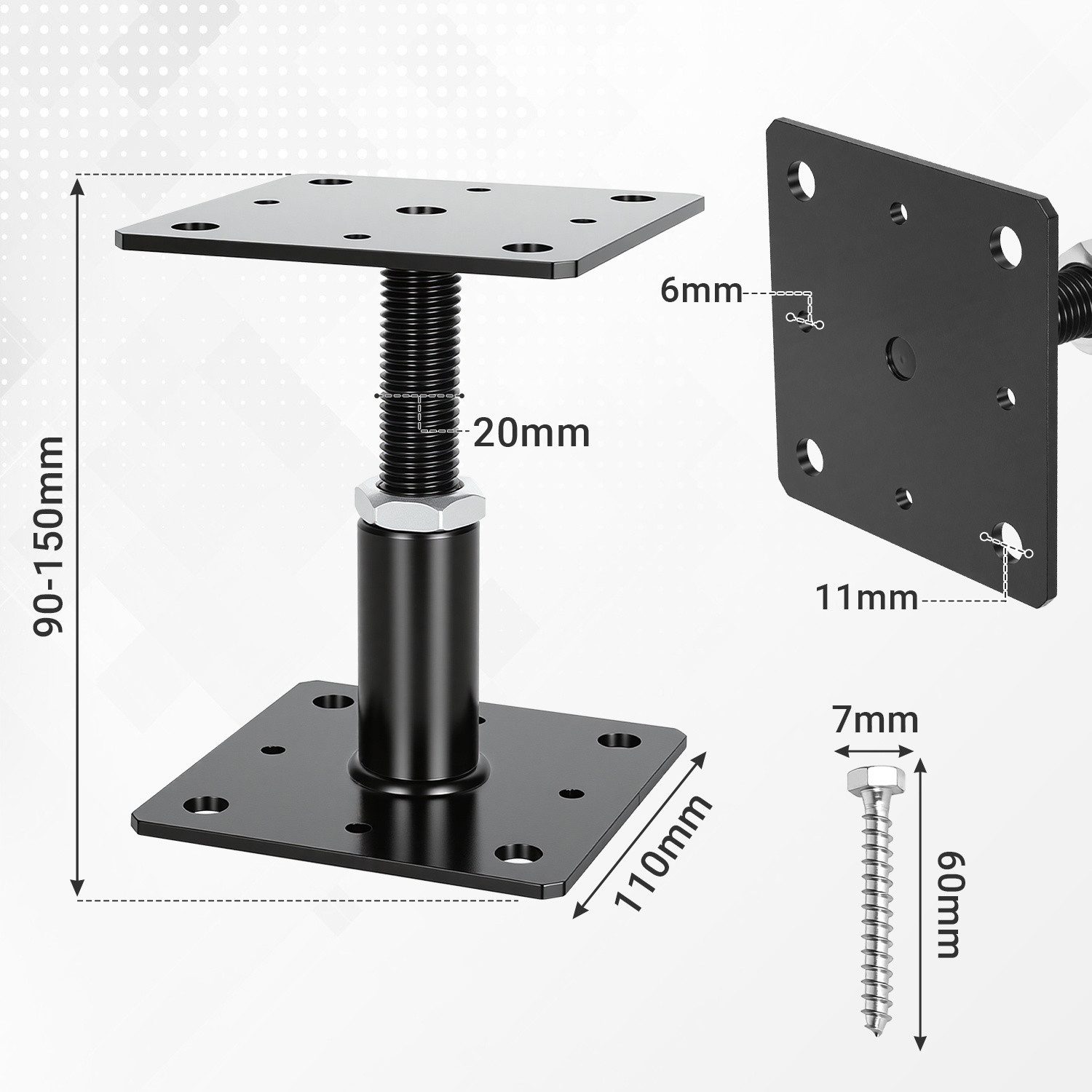 Clanmacy Pfostenträger Pfostenträger höhenverstellbar 90–150 mm – für Zaun, Schwarz 4PCS