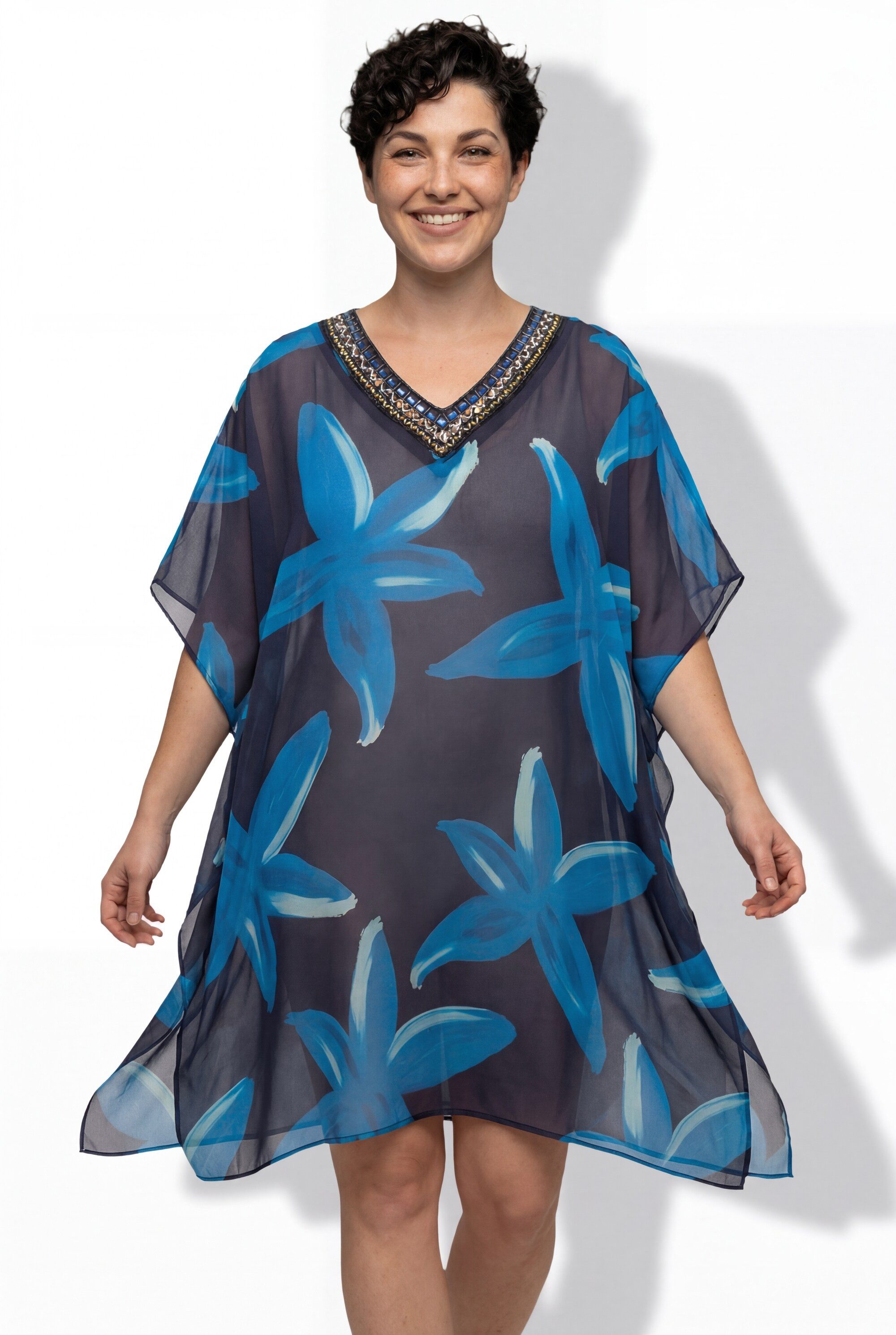 Ulla Popken Jerseykleid Tunika Blüten verzierter V-Ausschnitt Halbarm