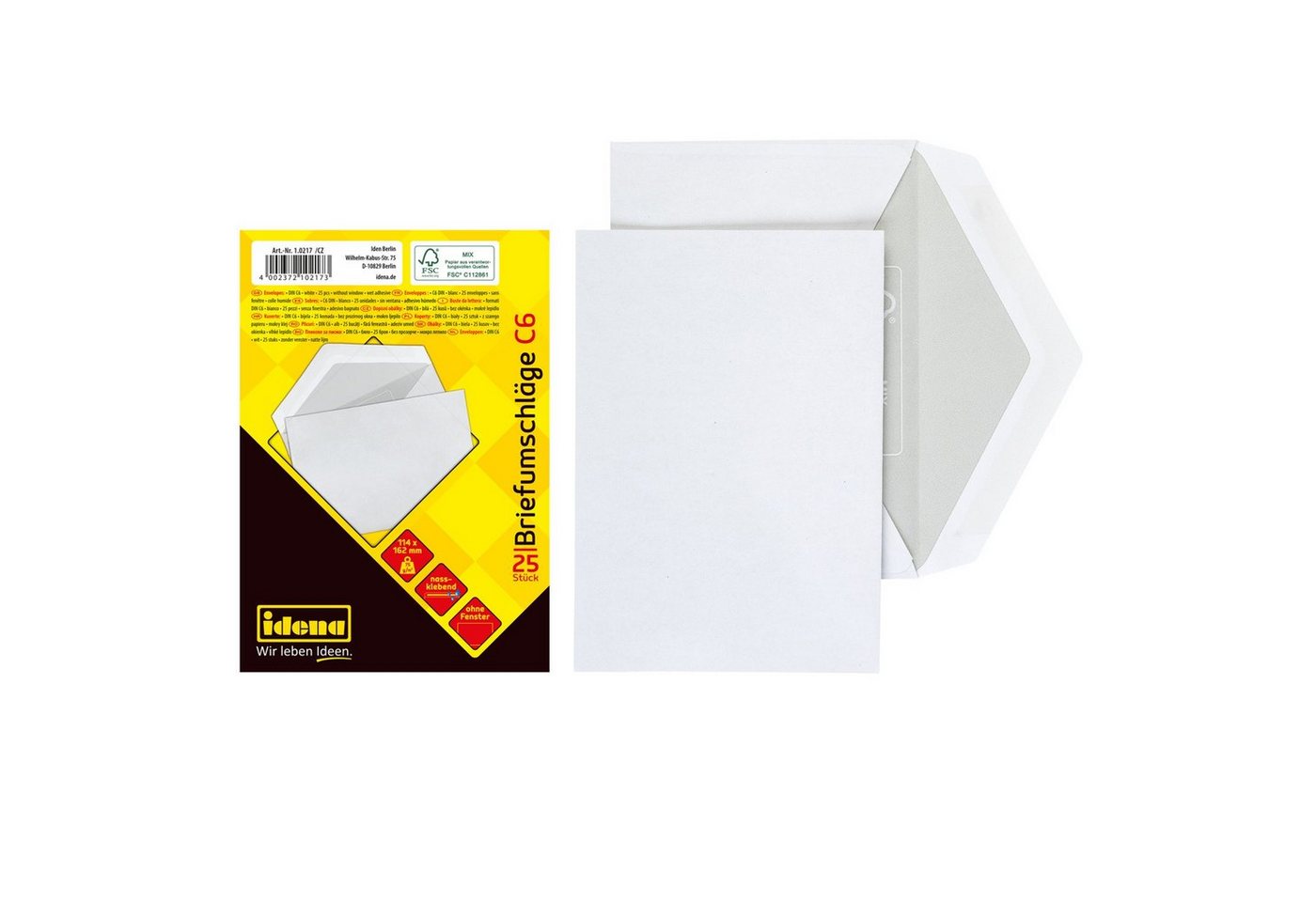 Idena Briefumschlag Idena 10217 - Briefumschläge DIN C6, 75 g/m², nassklebend, ohne Fenste