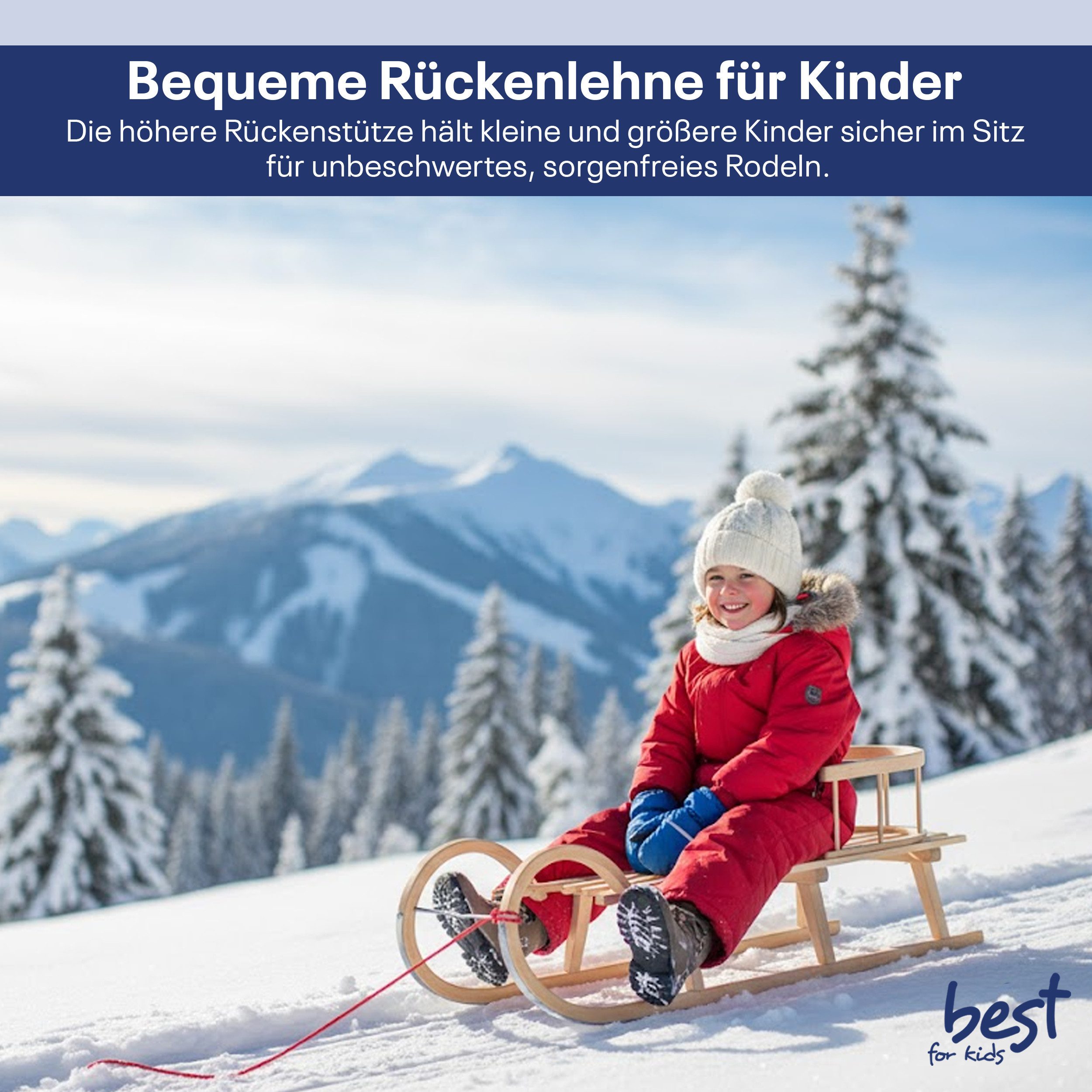 Best for Kids Hörnerrodel Hornschlitten – Kinder-Holzschlitten mit Rückenlehne und Metallkufen (Holzschlitten, Kinderschlitten mit Rückenlehne), 120 x 32 x 39 cm (L x B x H)