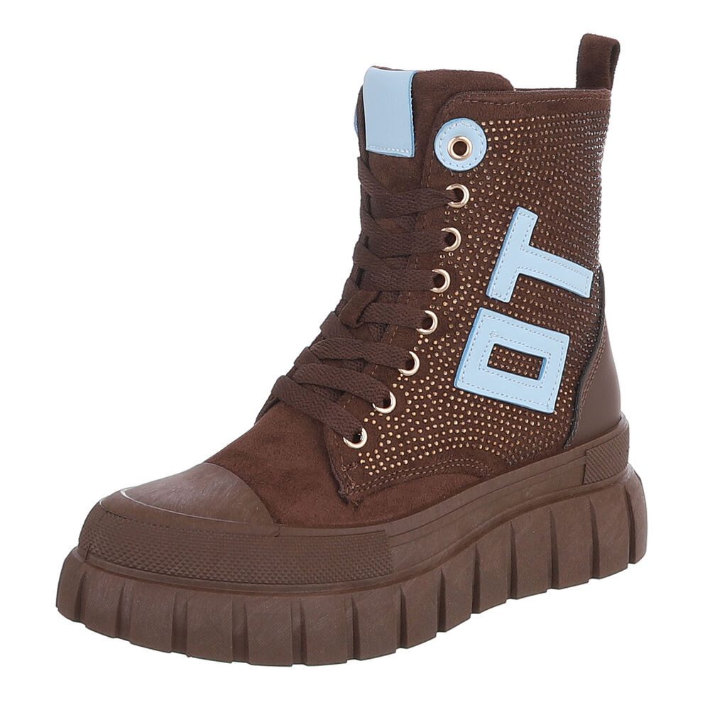 Ital-Design Damen Schnürboot mit Plateausohle und Chunky-Look Sneakerboots (92497605) Keilabsatz/Wedge Sneakers High in Braun