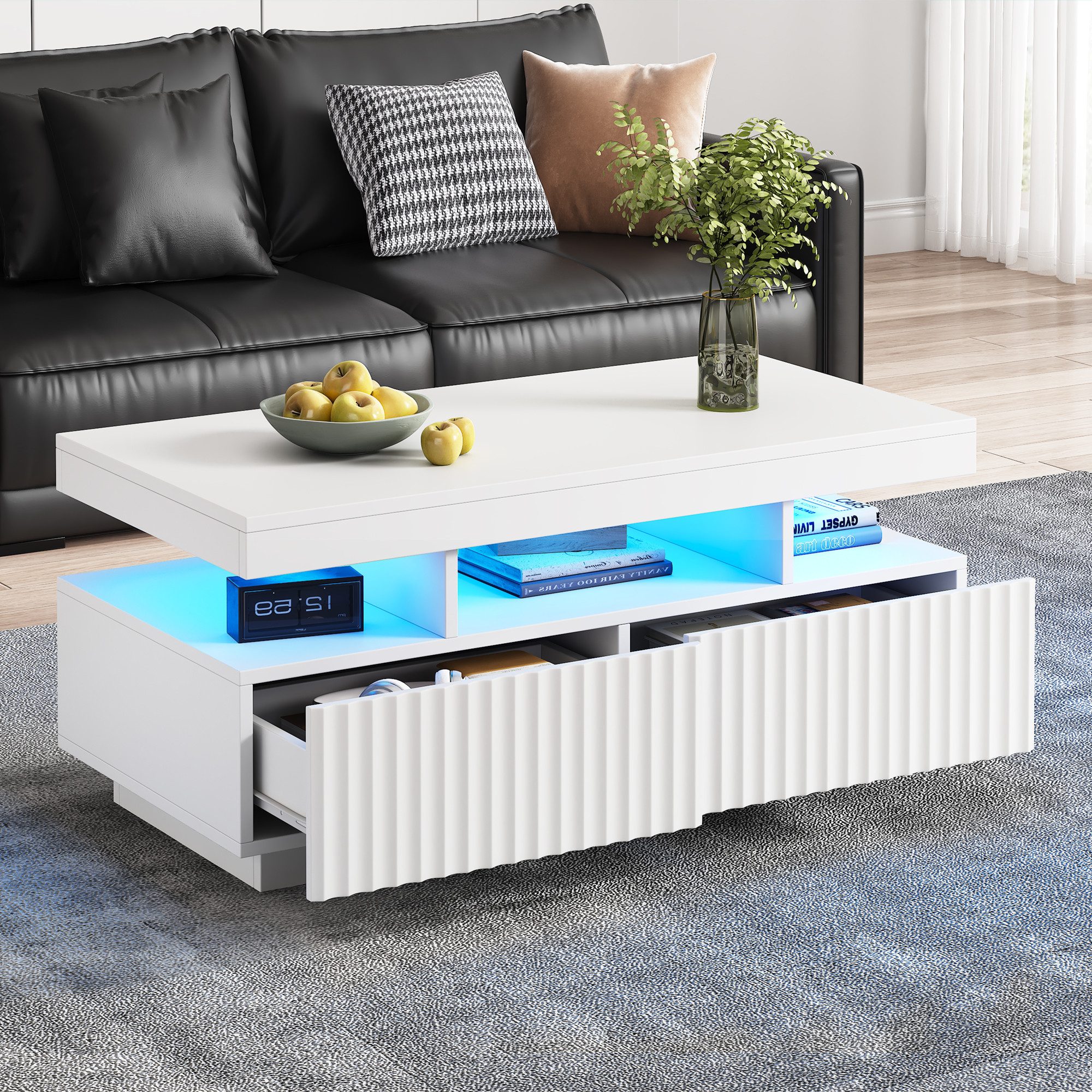 Merax Couchtisch Sofatisch Beistelltisch mit LED-Lichtleiste (Stauraumfunktion und robuster Spanplattenkonstruktion, 1-St., 100×50×45 cm), Wohnzimmertisch mit 2 Vakuumform-Schubladen und offenem Mittelteil