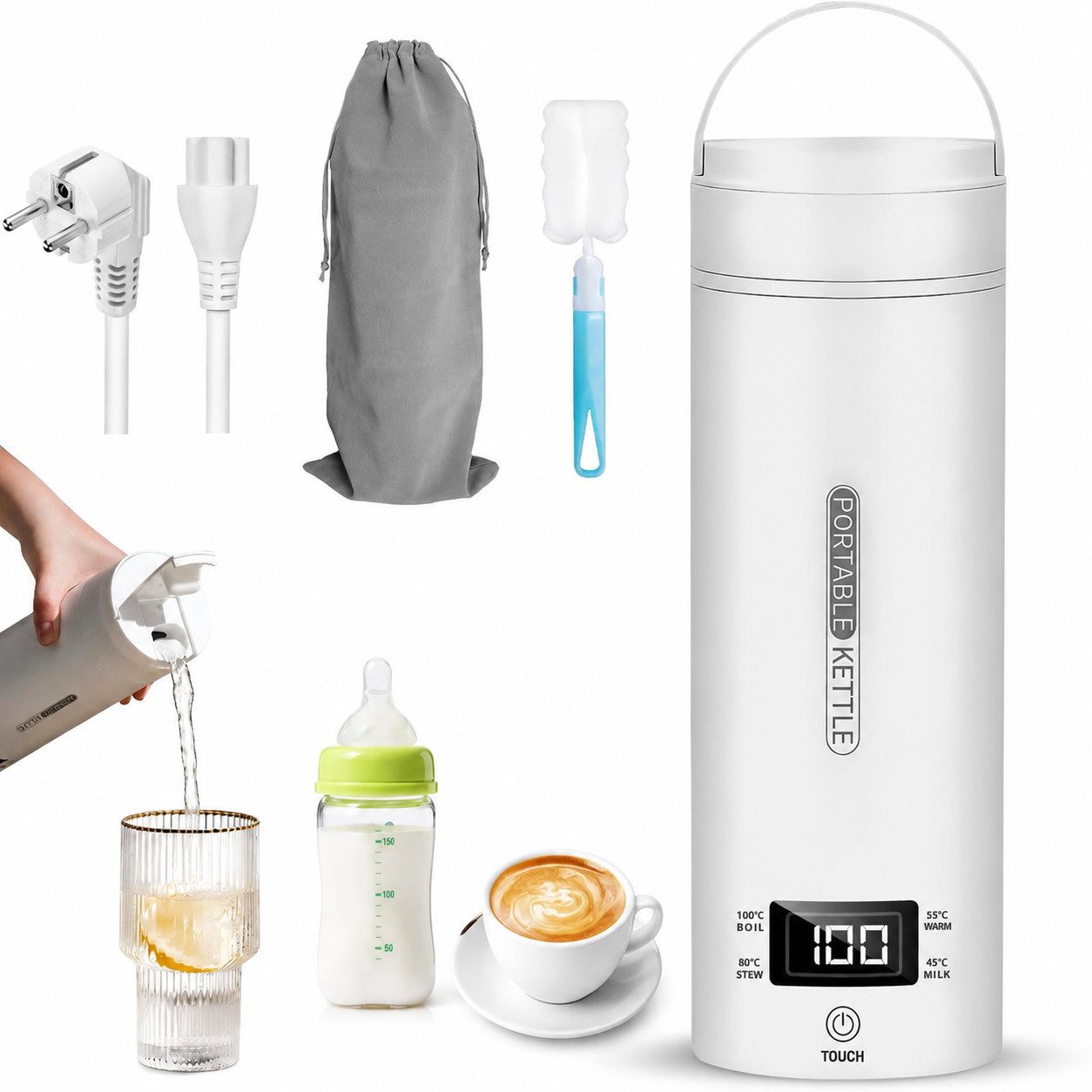 Fyrove Reise-Wasserkocher 500ml aus Edelstahl mit Temperaturanzeige,Tragbarer Wasserkocher, 300 W, Tragbarer Wasserkocher,für Büro, Camping und Reisen