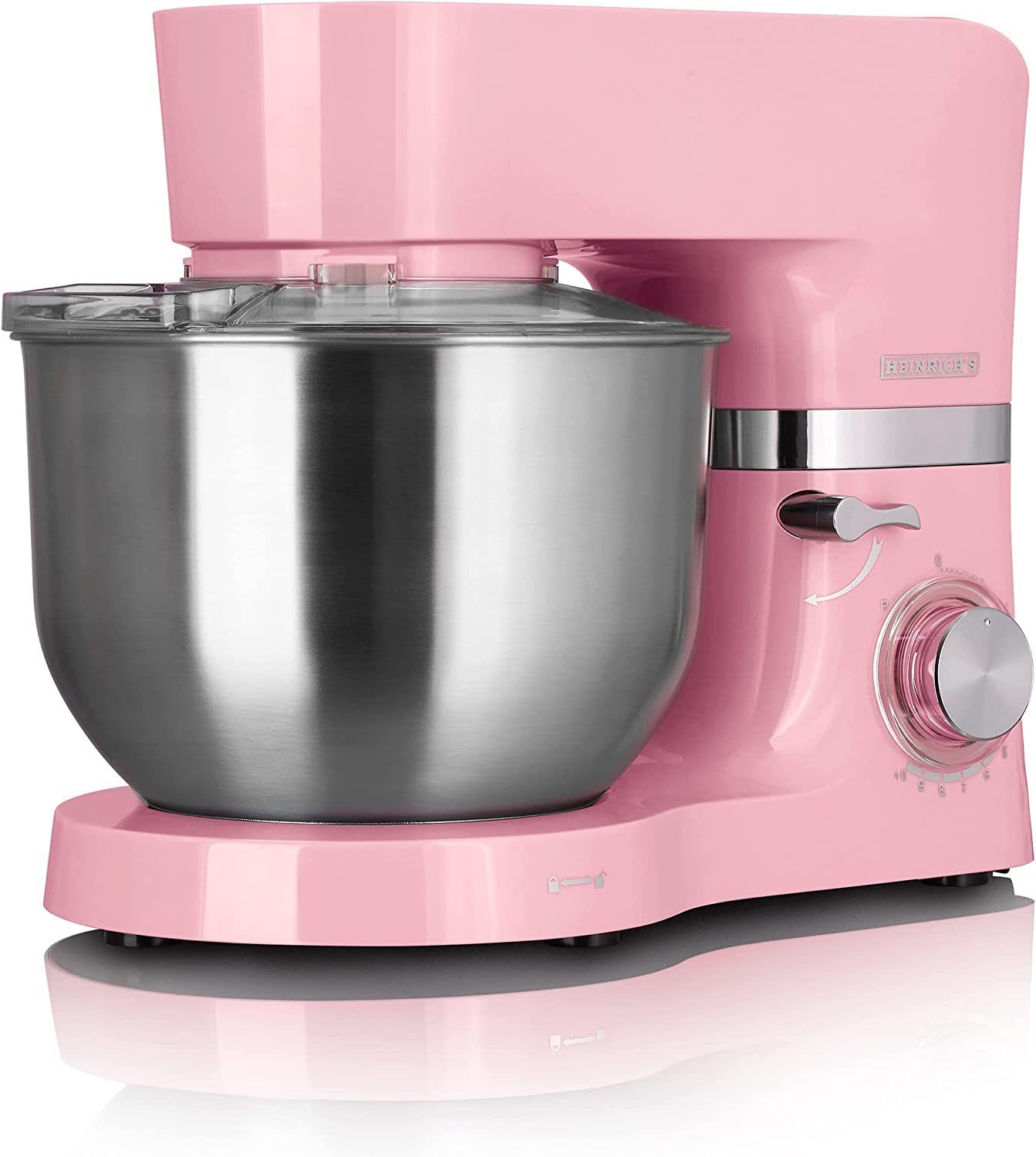 Heinrich´s Multifunktions-Küchenmaschine HKM 6278, 1300 W, 6,20 l Schüssel, XL 6,2L Edelstahlschüssel mit Spritzschutz, 3 Aufsätze, 11 Stufen Pastell Rosa