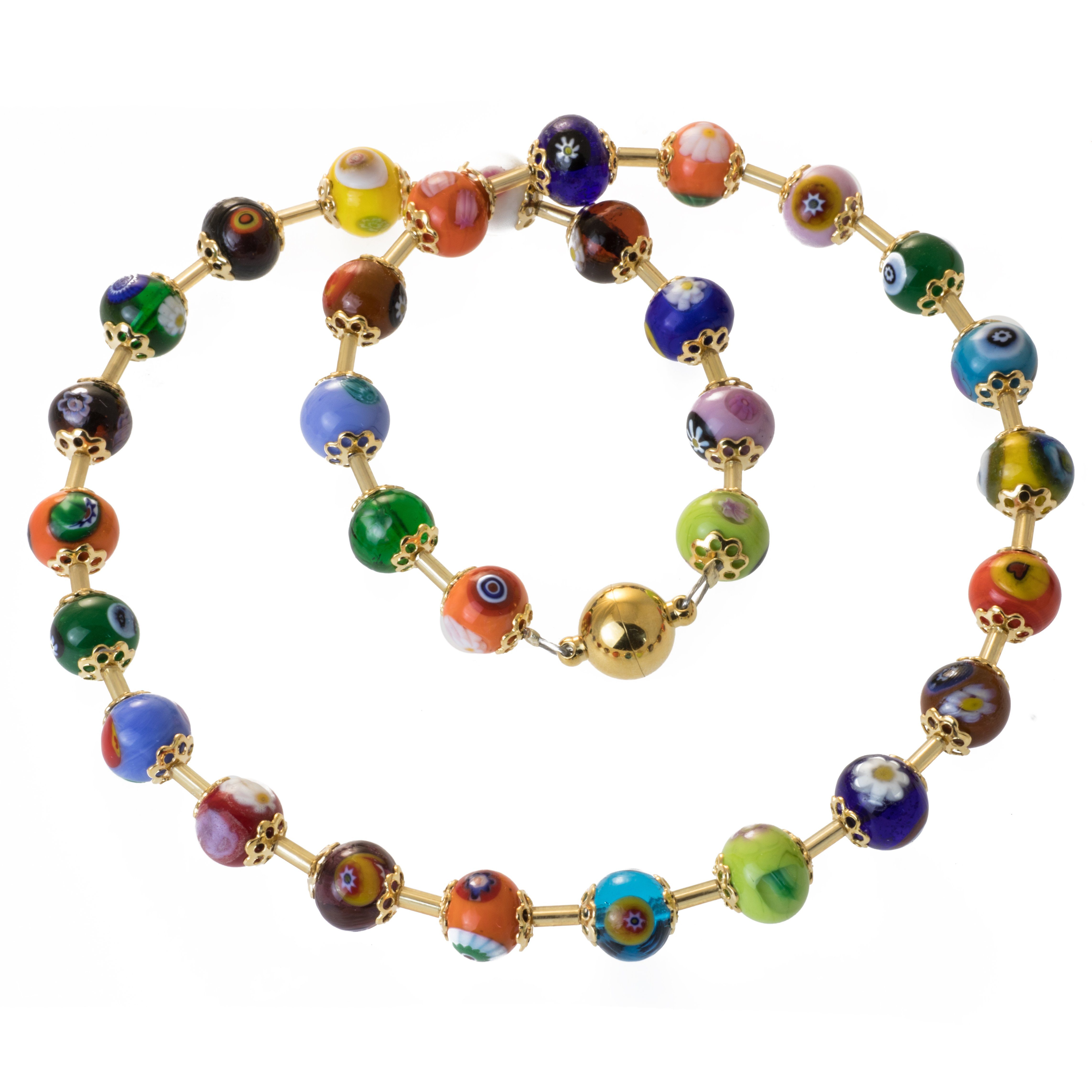 Perlenkette Kette mit Millefiori Murano Glas bunt, 8 mm Perlen 45 cm