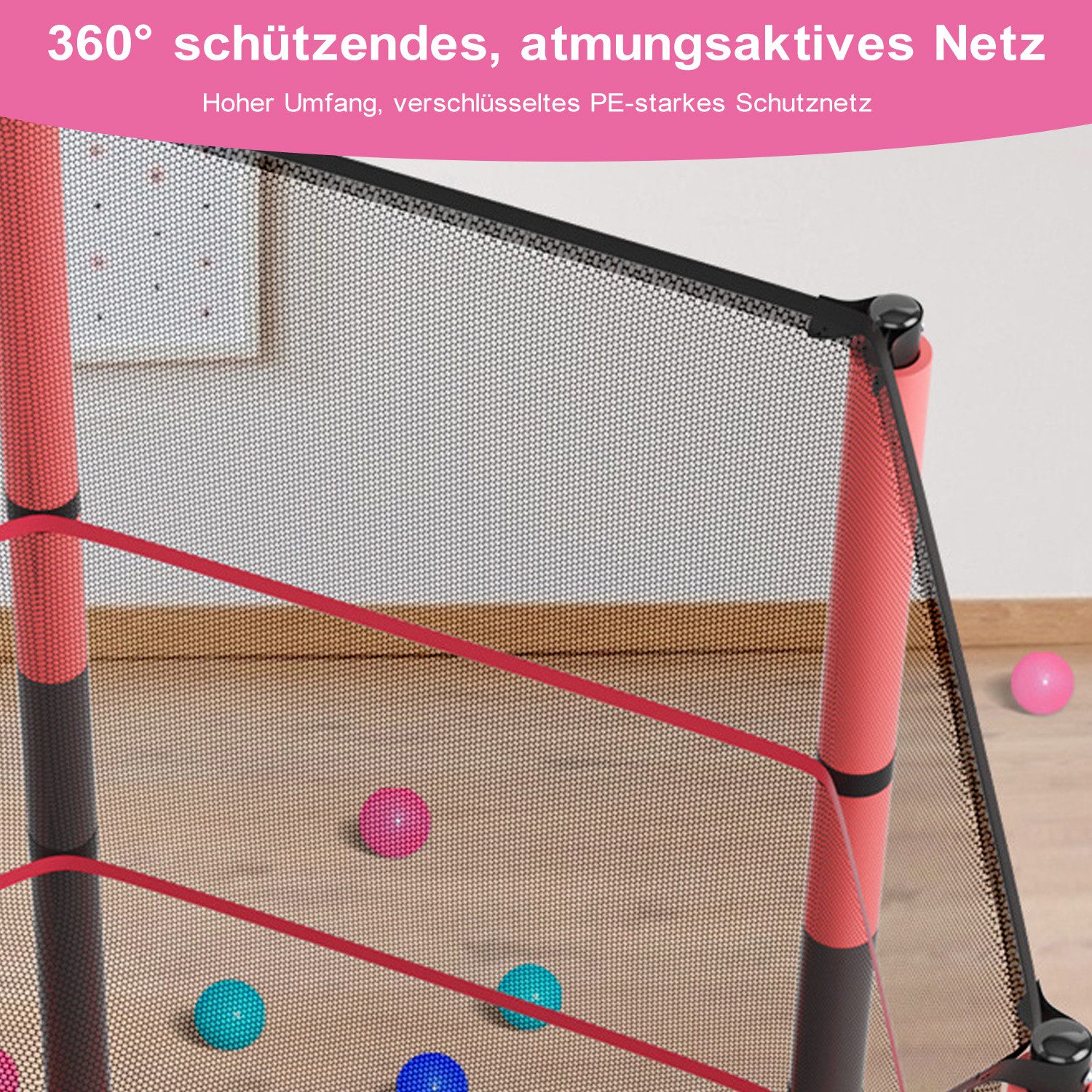 IKIDO Kindertrampolin, Gartentrampolin, (140×160cm), mit Sicherheitsnetz, Schutzrand rot, max. Gewicht 75 kg
