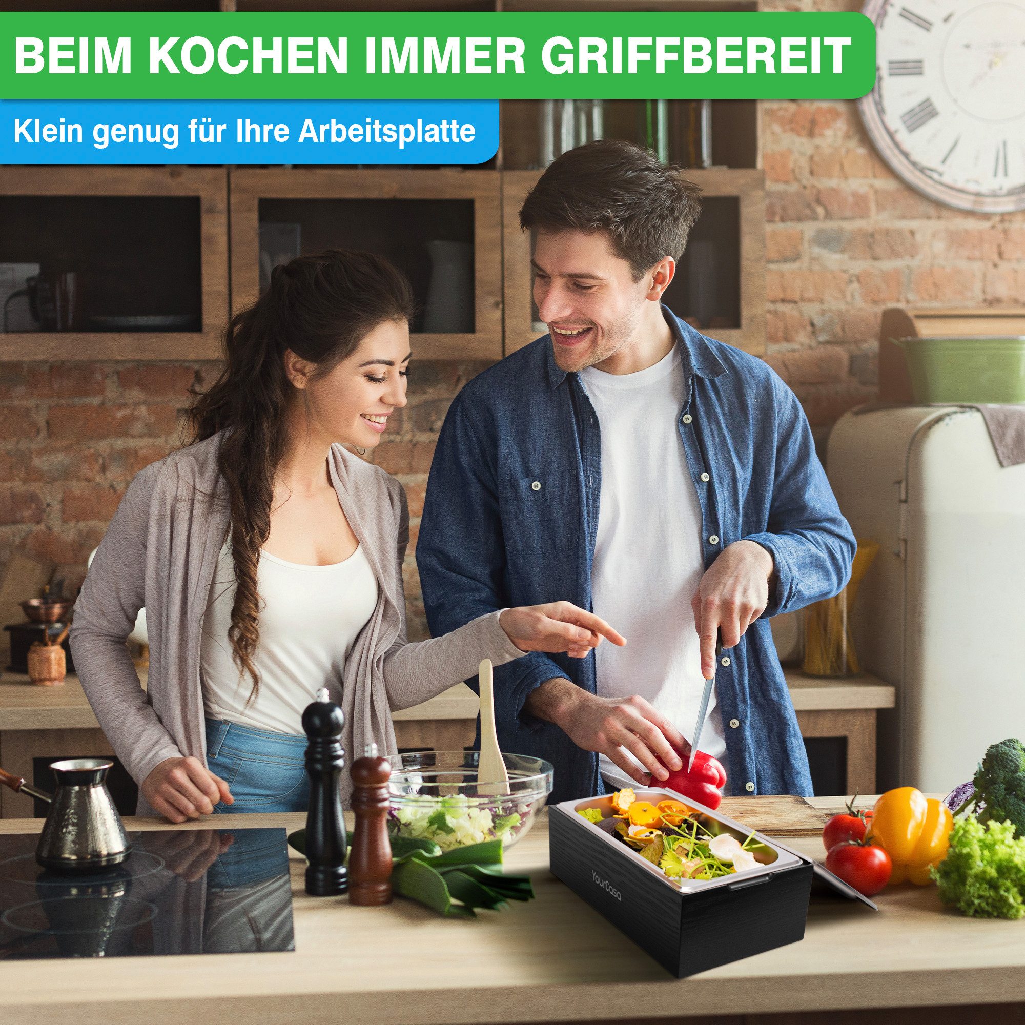 YourCasa Biomülleimer Küche - Echtholz & Edelstahl für alltäglichen Bio Müll - Komposteimer, Fassungsvermögen, 4l, Edelstahl