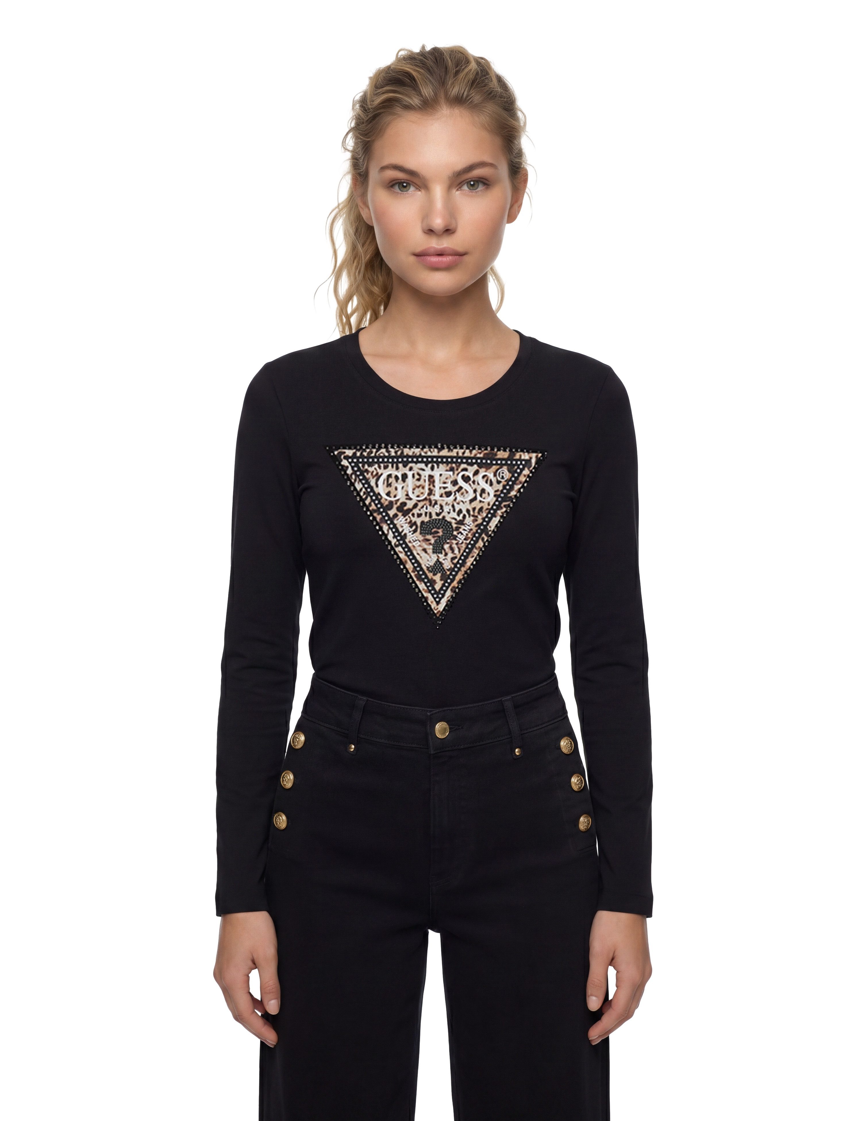 Guess Langarmshirt LS CN SAVANNA LEOPARD TRIANGLE mit markantem Logodesign, Slim Fit