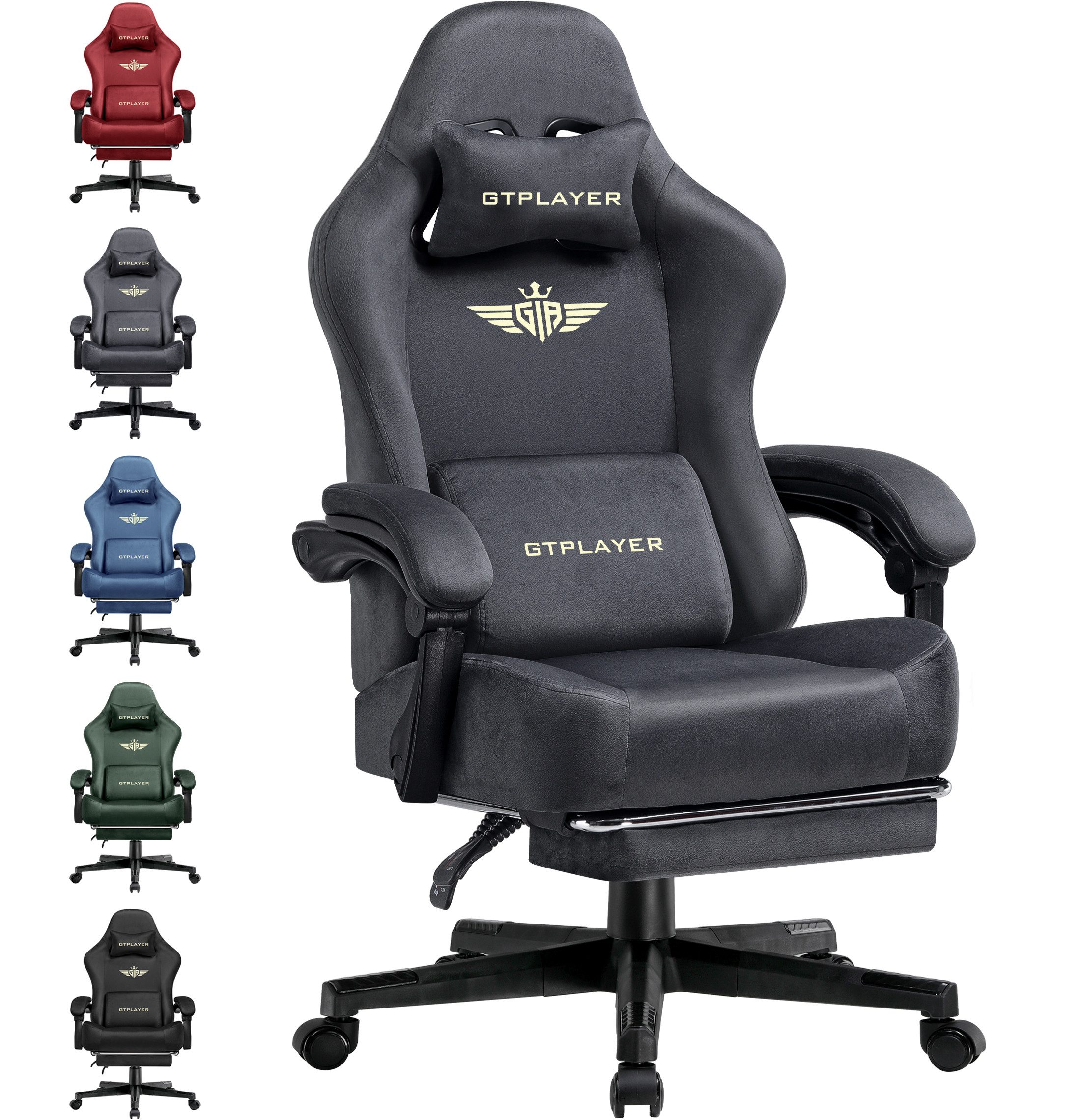 GTPLAYER Gaming-Stuhl Stoff/Kunstleder mit Taschenfederkissen großer Gamer Stuhl, 150KG (Gaming Chair mit hoher Rückenlehne und Fußstütze), Bürostuhl Gaming Sessel Gepolstert für Jugendliche und Erwachsene