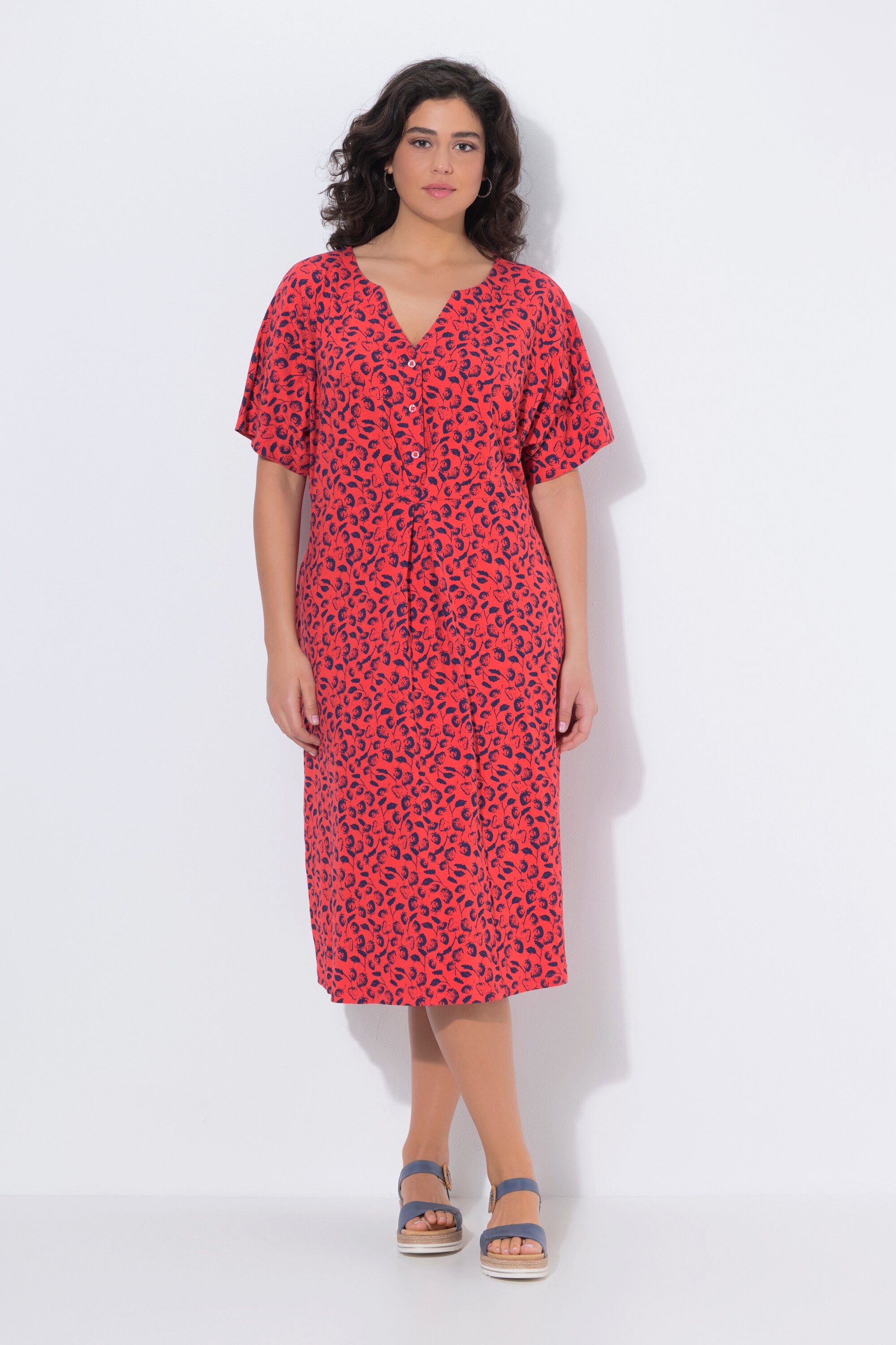 Ulla Popken Jerseykleid Midikleid Erdbeeren Tunika-Ausschnitt Halbarm