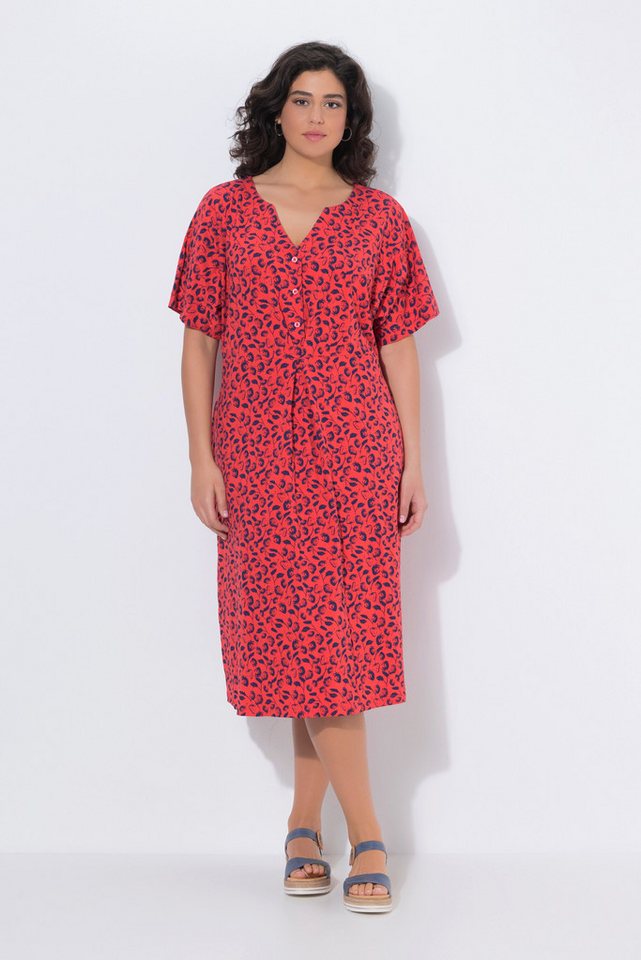 Ulla Popken Jerseykleid Midikleid Erdbeeren Tunika-Ausschnitt Halbarm