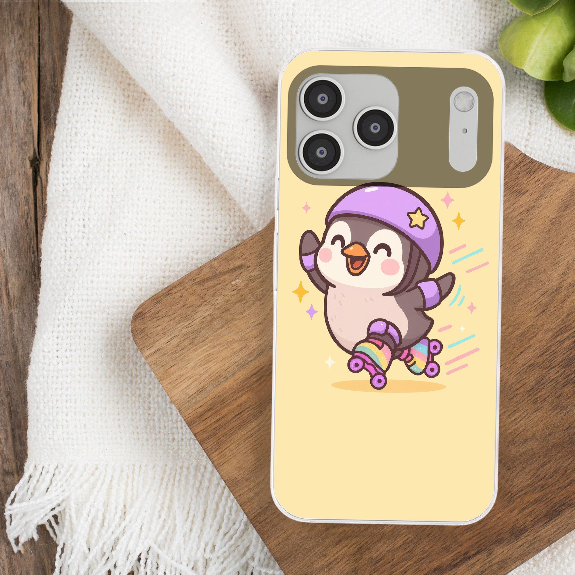 MuchoWow Handyhülle für Apple iPhone 17 Pro Max Pinguin - Rollschuhe - Gelb - Energetisch, Smartphone-Bumper, Print, Handy Schutzhülle Dünn
