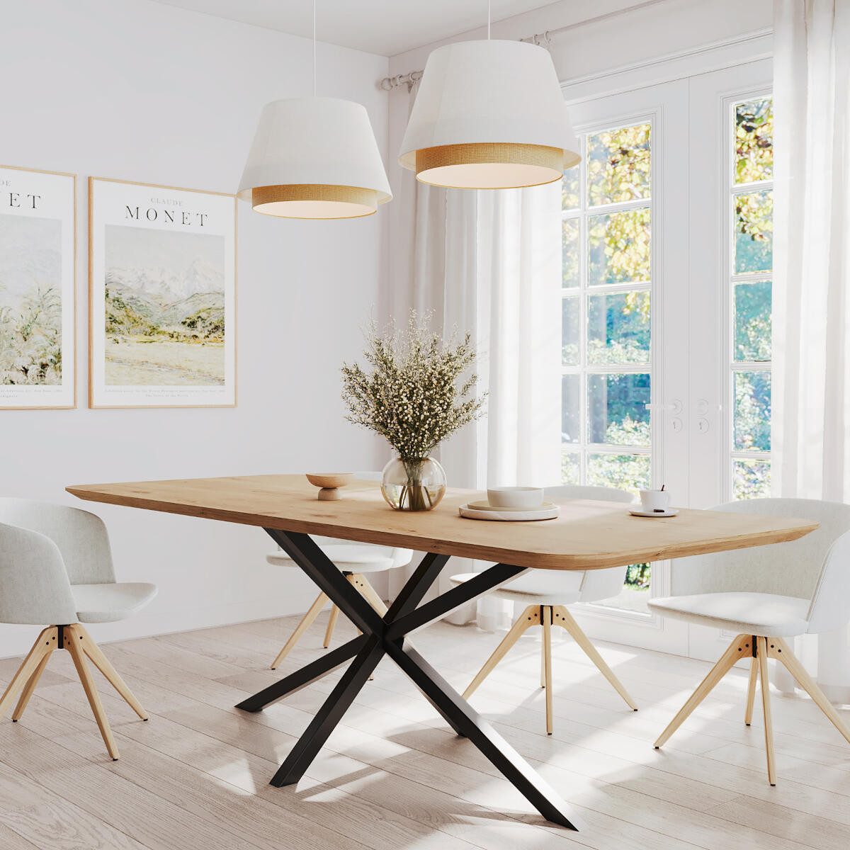 Rellgo Esstisch Eiche massiv Ecklo – Rechteckig mit Spider-Gestell – Elegant & robust, Abgerundete Ecken, Gestell aus Stahl, Handgefertigte Wildeiche