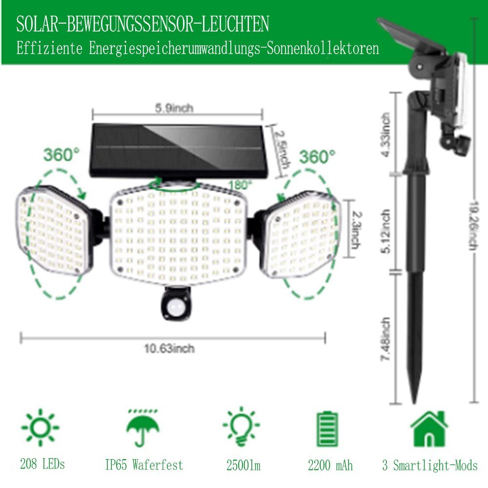 LED Wasserdicht GelldG Bewegungssensor Solarleuchte IP65 208 Solar-Flutlicht für LED mit Außen