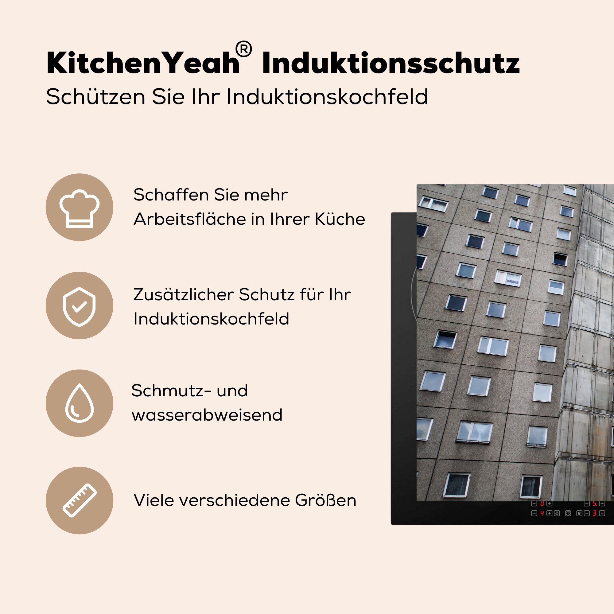 81x52 die MuchoWow Induktionskochfeld küche, Plattenbau Vinyl, tlg), Schutz Herdblende-/Abdeckplatte für Ceranfeldabdeckung cm, Wohnhaus, (1