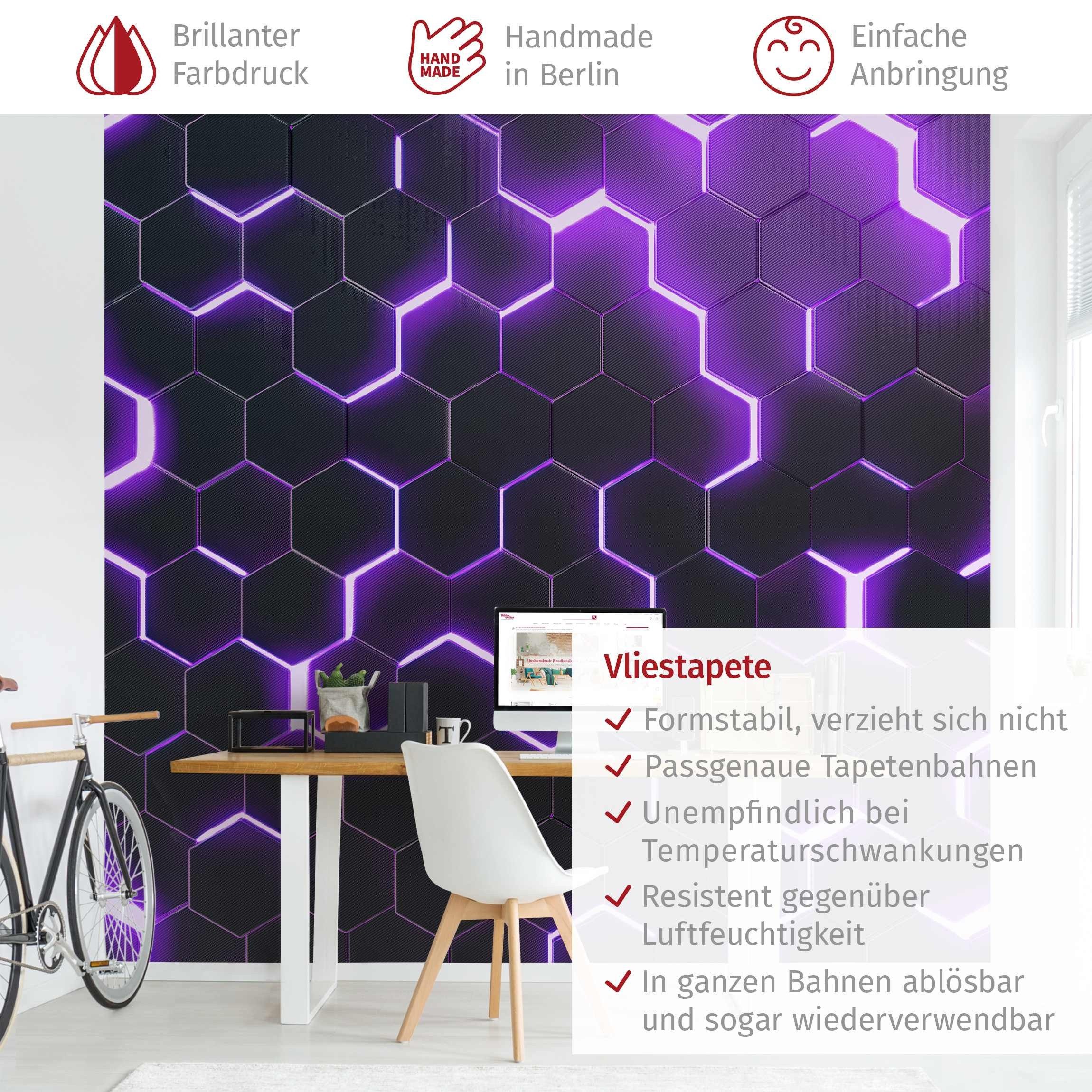 Bilderdepot24 Mustertapete Hexagone Neonlicht Lila 3D-Optik Muster Neon Art Gaming schwarz modern, Glatt, Matt, (Vliestapete inkl. Kleister oder selbstklebend), Jugendzimmer Gaming Zimmer Tapete Wohnzimmer Vliestapete Wandtapete