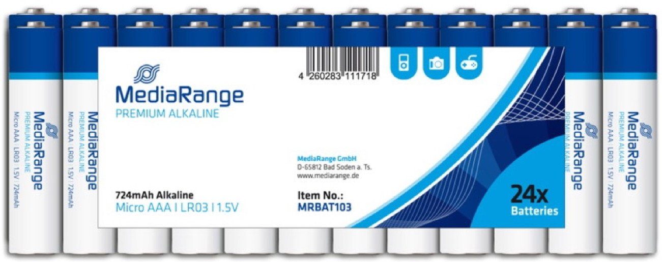 24 Mediarange Premium AAA / Micro Alkaline Batterien in 24er Folie Batterie