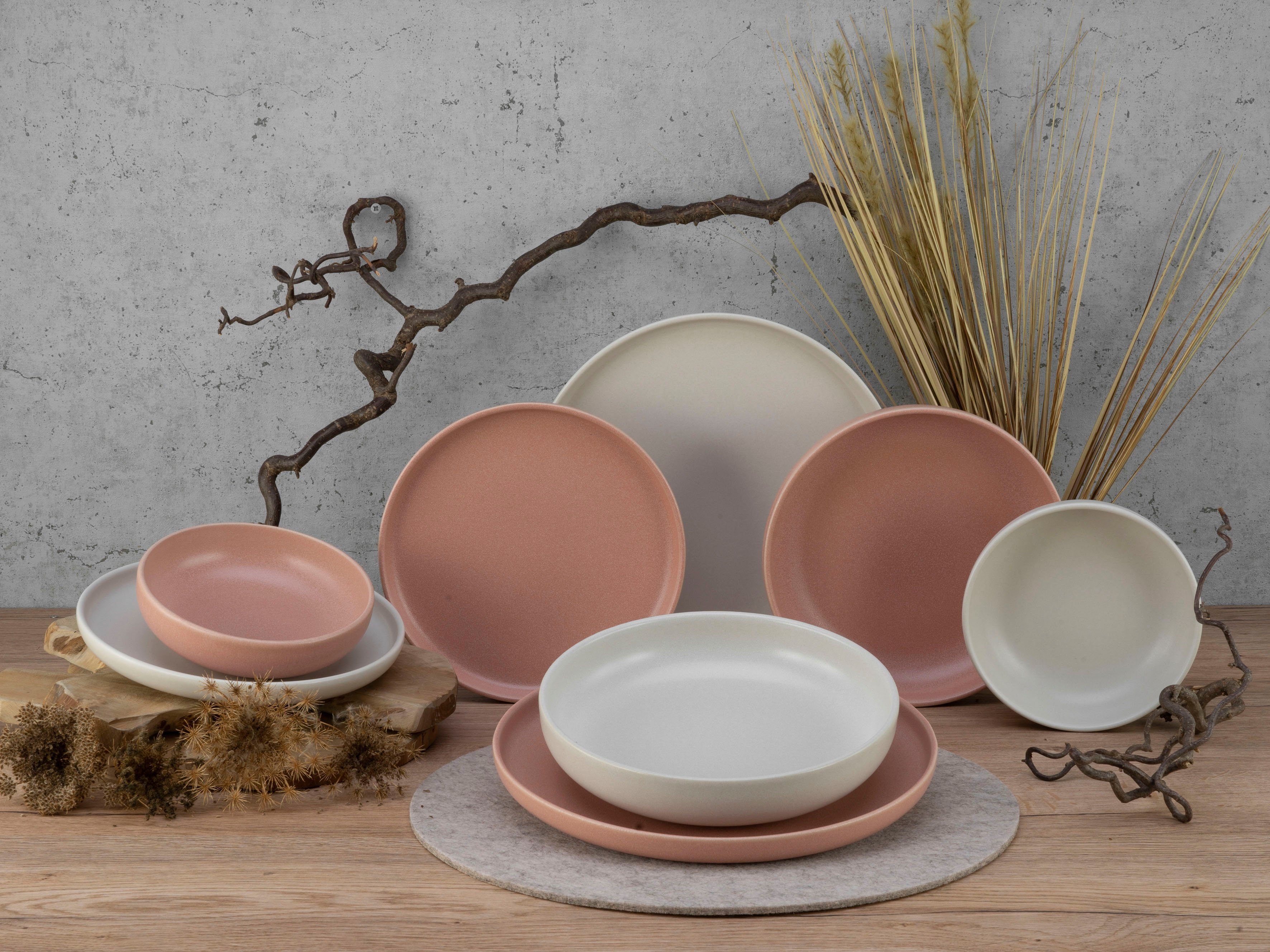 CreaTable Tafelservice Personen, (8-tlg), + Steinzeug, Glasur Rusty seidenmatte Rose Offwhite Uno 2