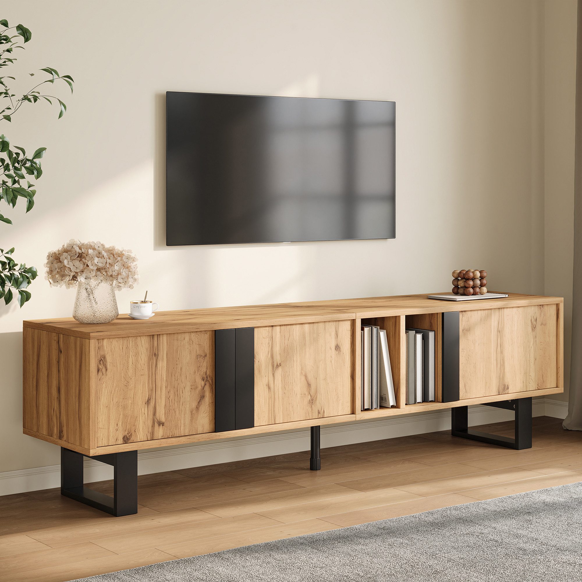 Odikalo TV-Schrank Lowboard Fernsehschrank mit offene Ablagen getrennte Fächer Eisenbeine (Wohnzimmerschrank 3 Einzeltüren zwei getrennte Fächer schwarze Eisenbeine,Kabelöffnungen gedämpfte Metallscharniere Mehrzweck-Aufbewahrung)