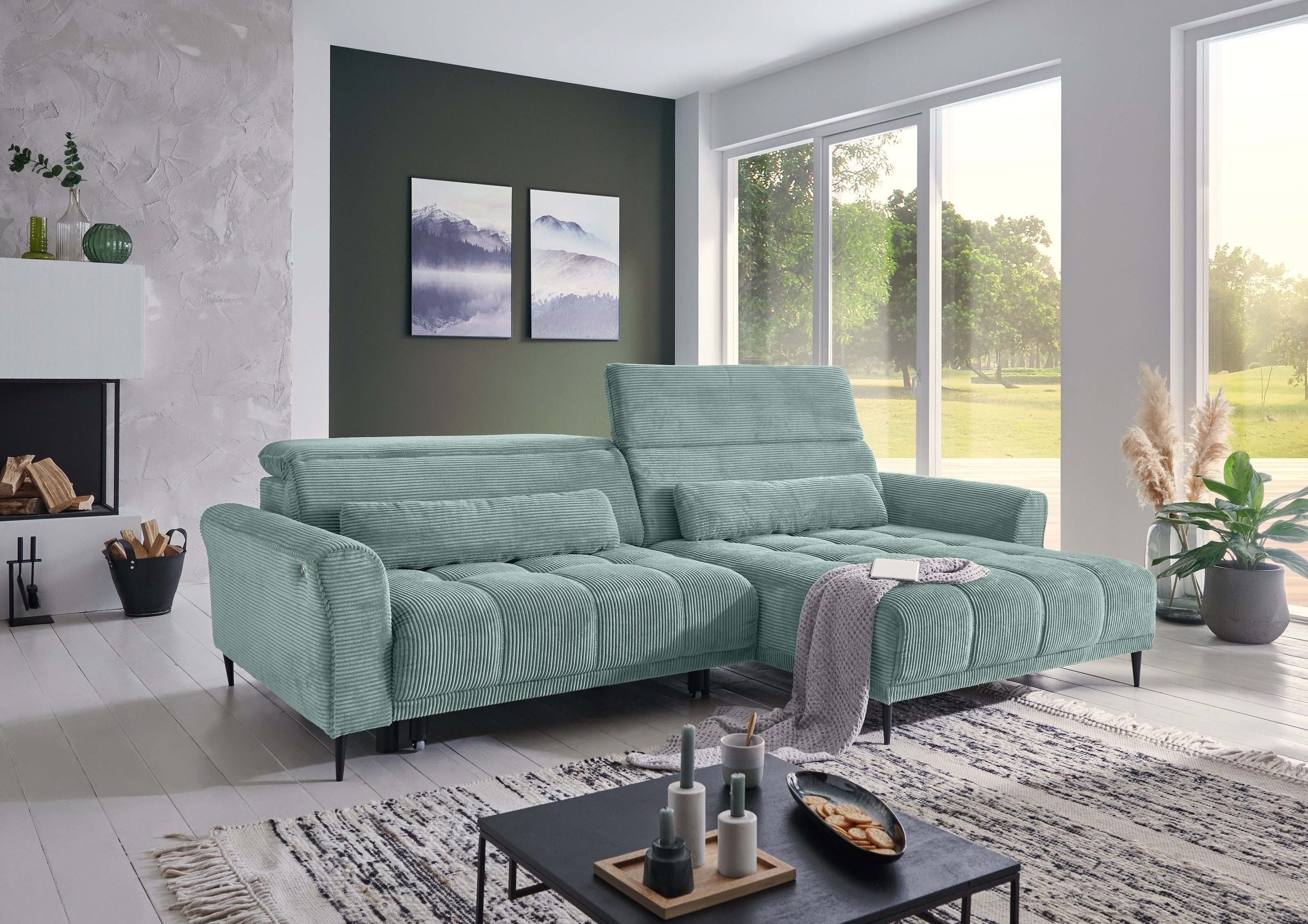 Iwaniccy Wohnlandschaft elektr. Sitzverstellung, 2 Kissen, Cord mint - 277x108x179cm (BxHxT)