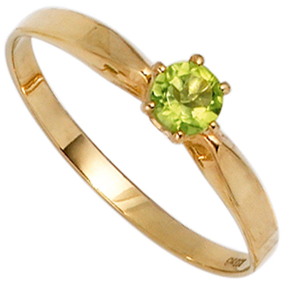 Schmuck Krone Fingerring Ring Damenring mit Peridot grün & 585 Gold Gelbgold schlicht Goldring, Gold 585