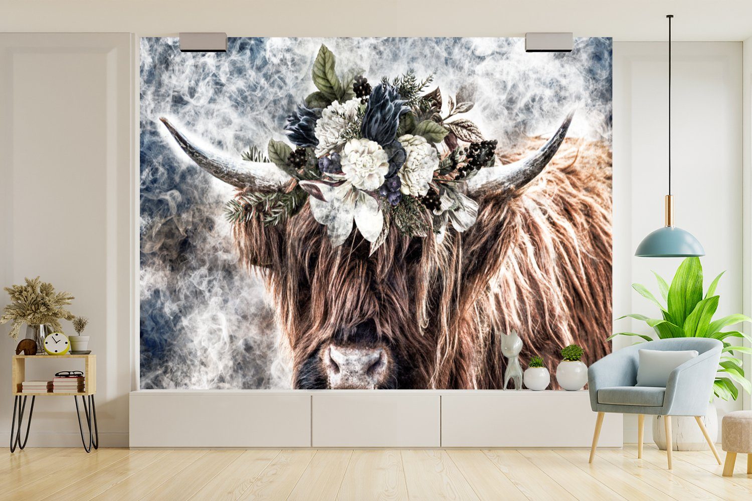 MuchoWow Fototapete Rauch Tapete Wallpaper Highlander - Matt, St), für Vinyl (6 Wohnzimmer, Blumen, Schlafzimmer, - bedruckt, Kinderzimmer, Schottischer