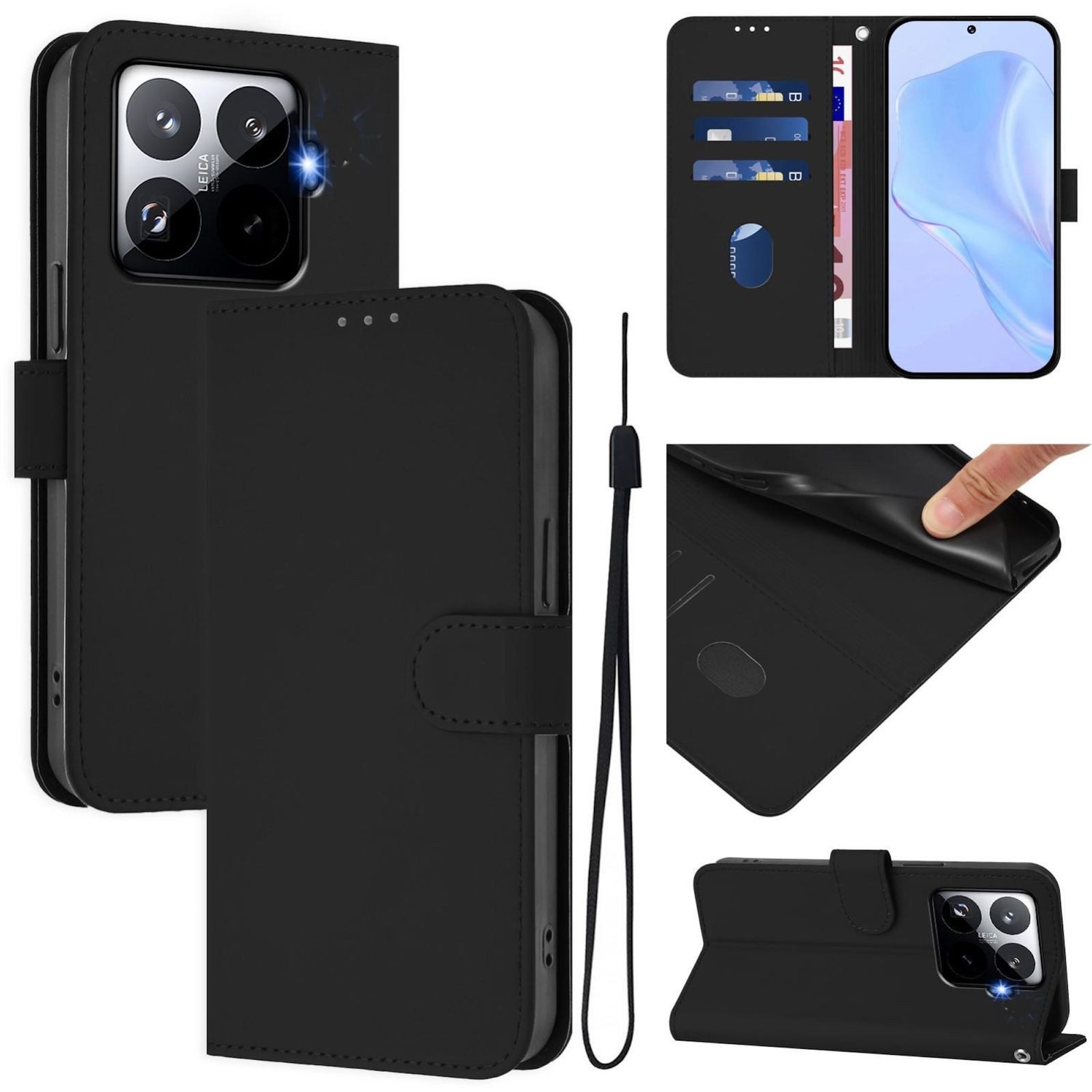 Wigento Handyhülle Für Xiaomi 15T Pro 5G Solid Color Kunstleder Wallet Hülle Band Schwarz, Kartenfächer, Trageband, Standfunktion