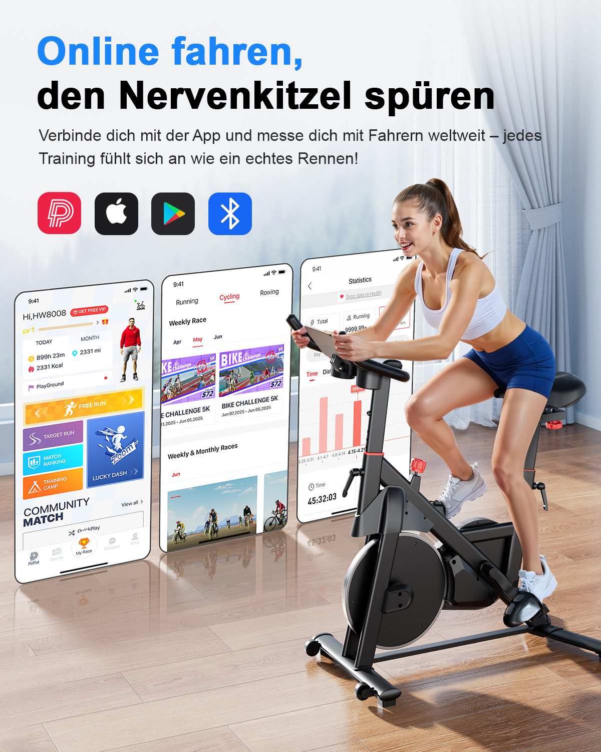 DEERRUN Heimtrainer Fahrrad, Stationärer Fahrradtrainer, Spin Bike für Home-Training (1-tlg), 32-stufig einstellbarer Magnetwiderstand, exklusive Trainings-App