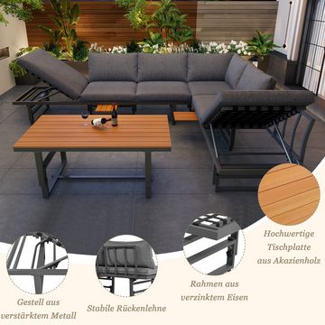 Tongtong Gartenlounge-Set 3-teiliges Gartenmöbel-Set, Akazienholz, verstellbarem Tisch, grau, (inklusive 6 Sitzkissen und Kissen,2 Akazienholzbretter), verstellbarer Rückenlehne