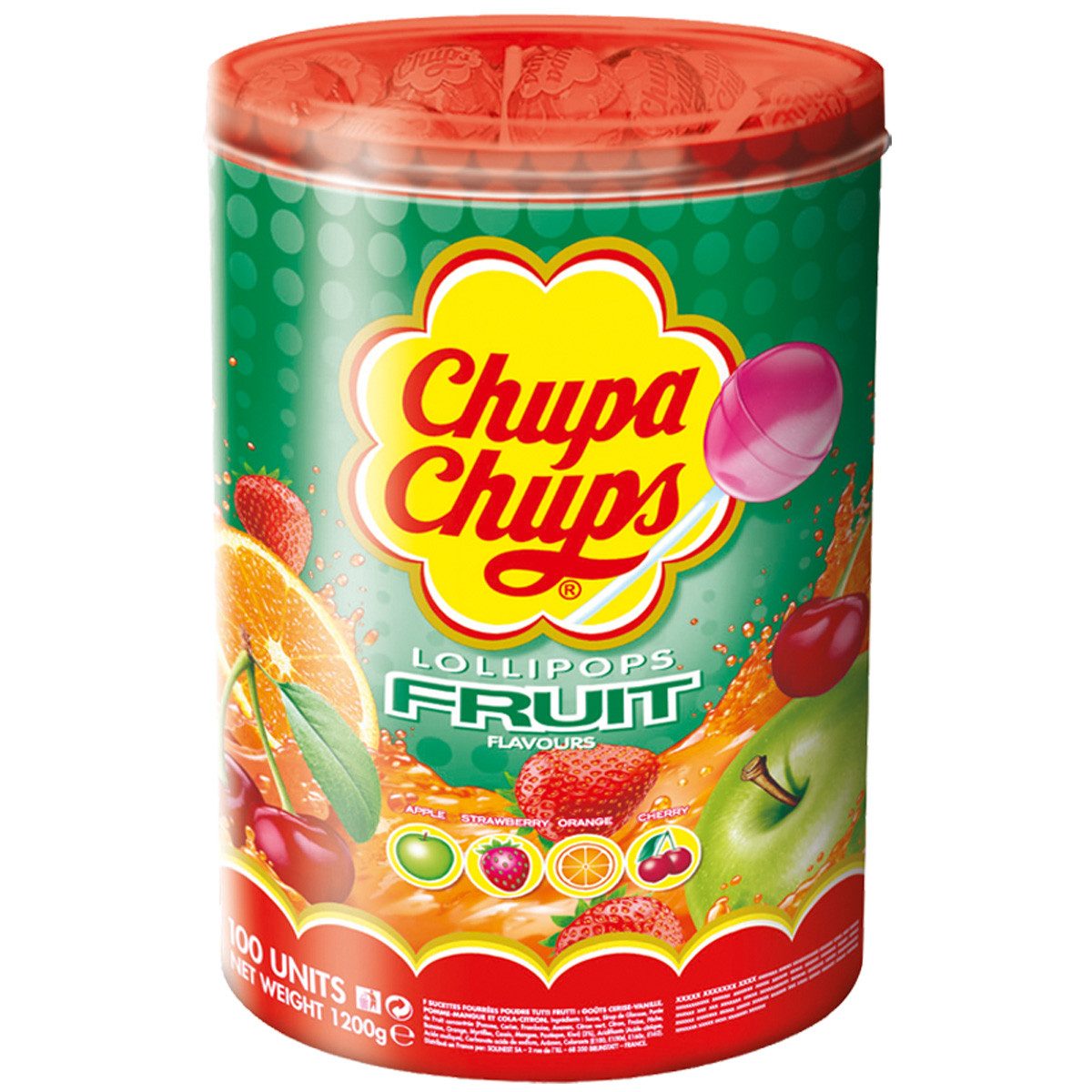 Chupa Chups Süßigkeit, Chupa Chups Fruit Kugel Lolly Apfel Erdbeer Orange Kische Dose 1200g