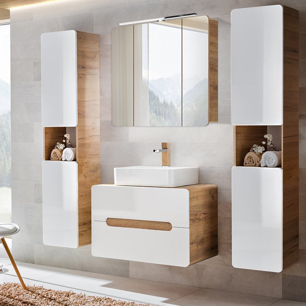 Lomadox Badmöbel-Set LUTON-56, (Spar-Set, 4-St), weiß mit Wotan Eiche Nb. 1 günstig online kaufen