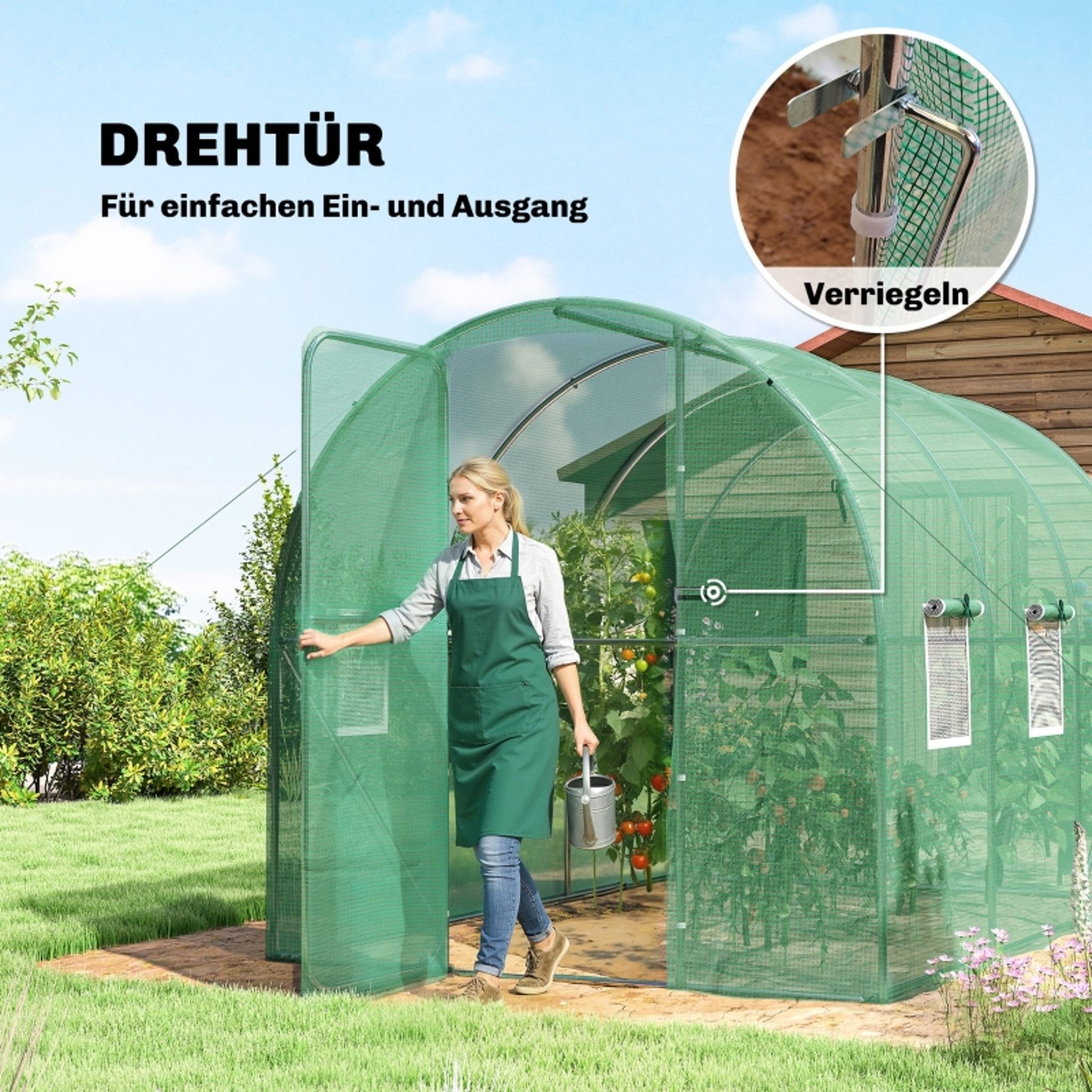 MC Star Gewächshaus Gewächshaus 3 x 2 x 2 m Foliengewächshaus, mit Abschließbar Anschlag-Tür 6 Rollbar Netzfenster Stützstangen