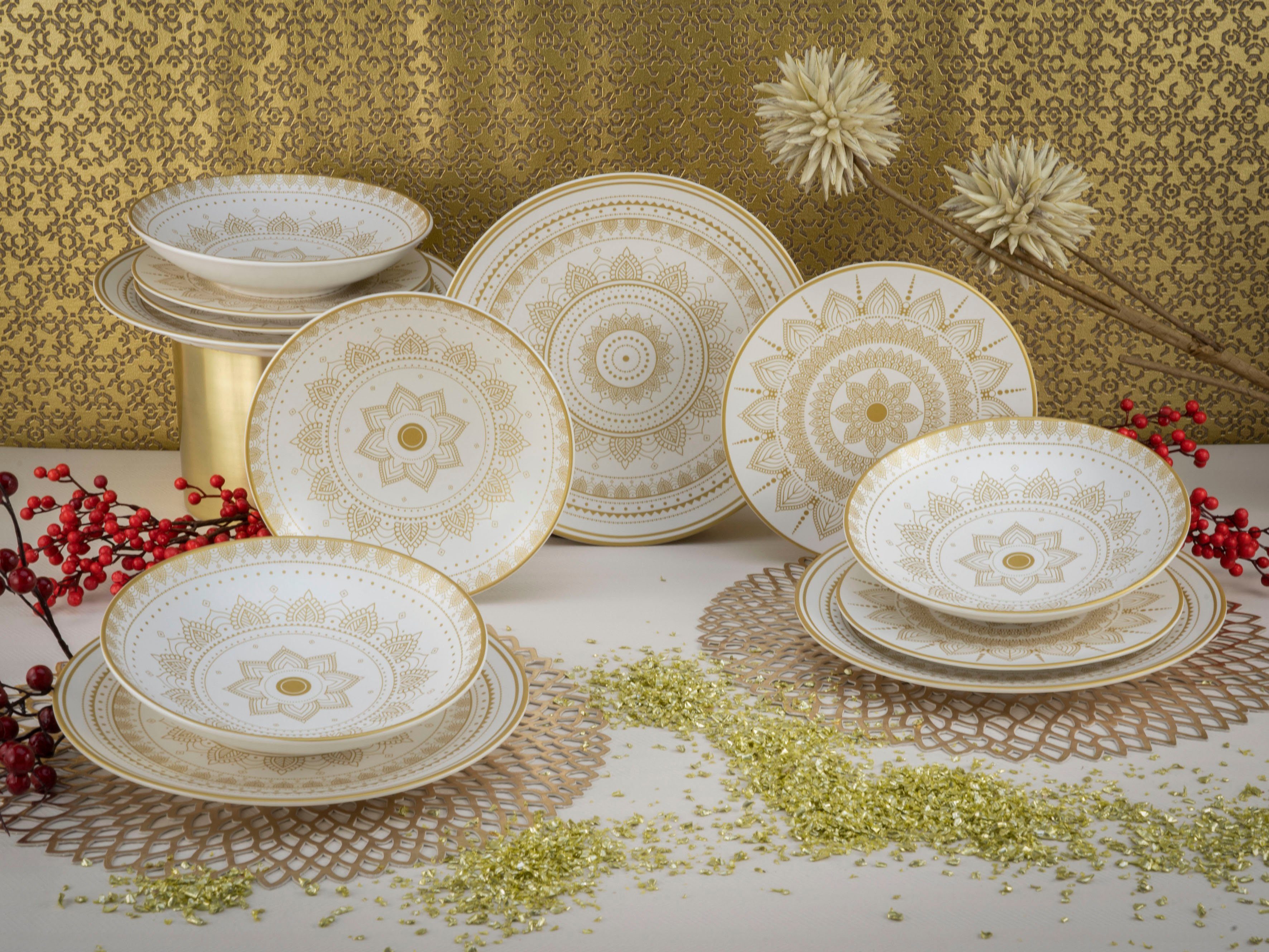 CreaTable Teller-Set Mandala Gold (12-tlg), 4 Personen, Steinzeug, Teller Set, goldene orientalische Motive, 12 Teile, für 4 Personen