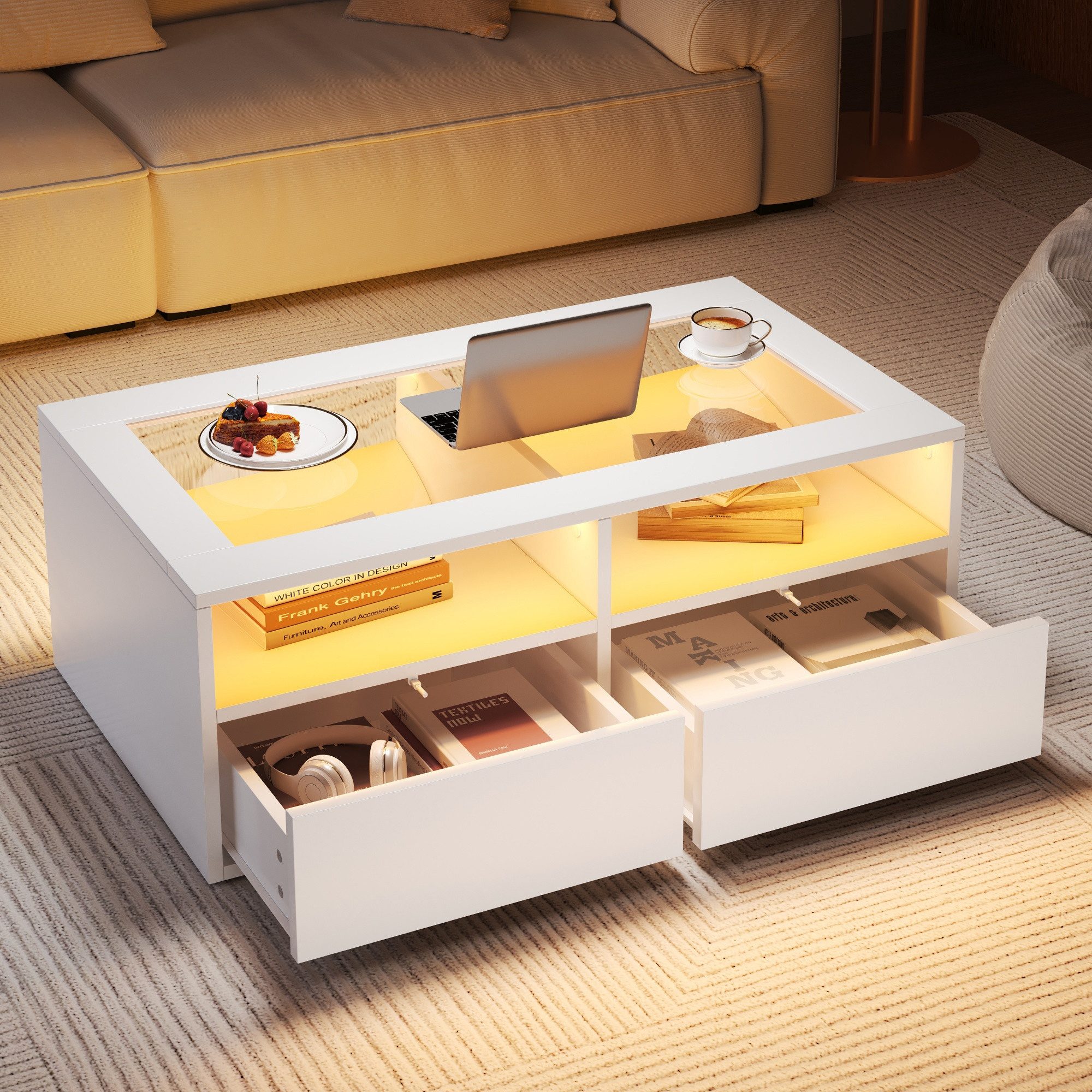 Merax Couchtisch Wohnzimmertisch Beistelltisch mit LED-Beleuchtung (100×50×35 cm, 1-St., zweistöckigem Design & modernem Look), Sofatisch mit gehärteter Glasplatte, 2 Schubladen & offenem Stauraum