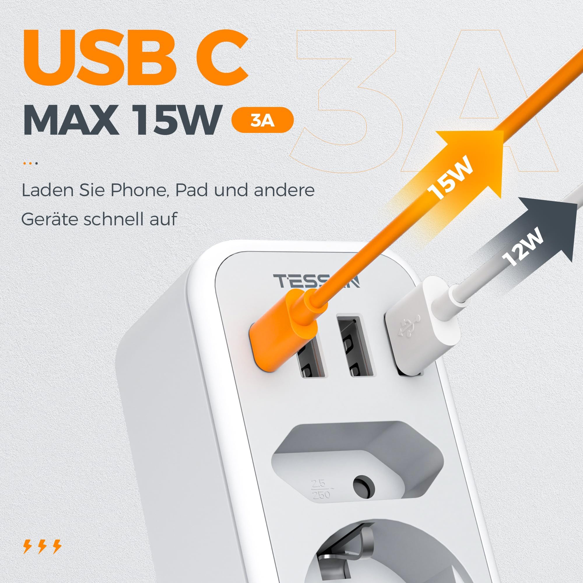 TESSAN 2fach Steckdosenadapter 3600W, Doppelstecker für Steckdose mit 4 USB Mehrfachsteckdose 2-fach (3600W Mehrfachstecker, USB-Anschlusse)
