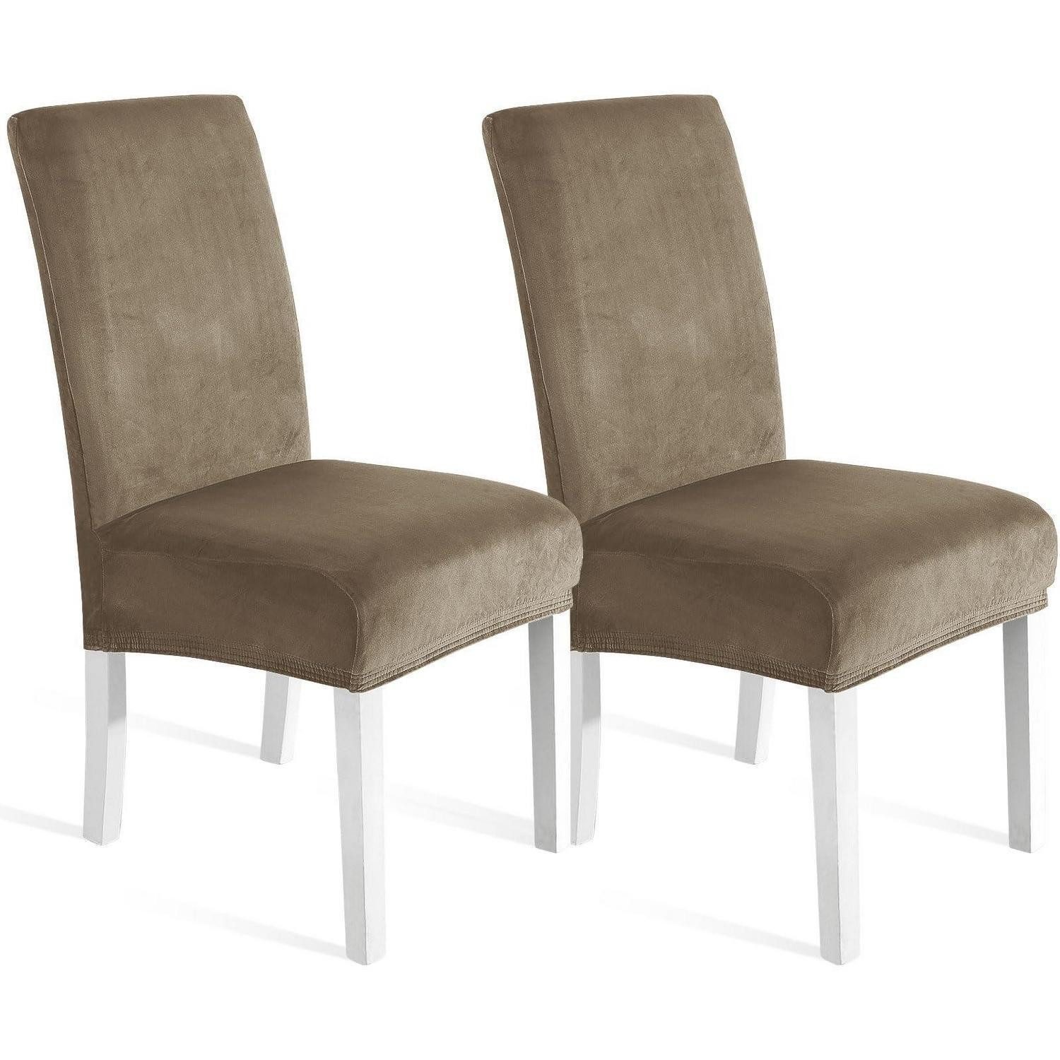 LuxusKollektion Stuhlhusse Stuhlhussen Samt Waschbar Stretch Hochlehner Hotel Kamel 2er Set, Stuhlbezug