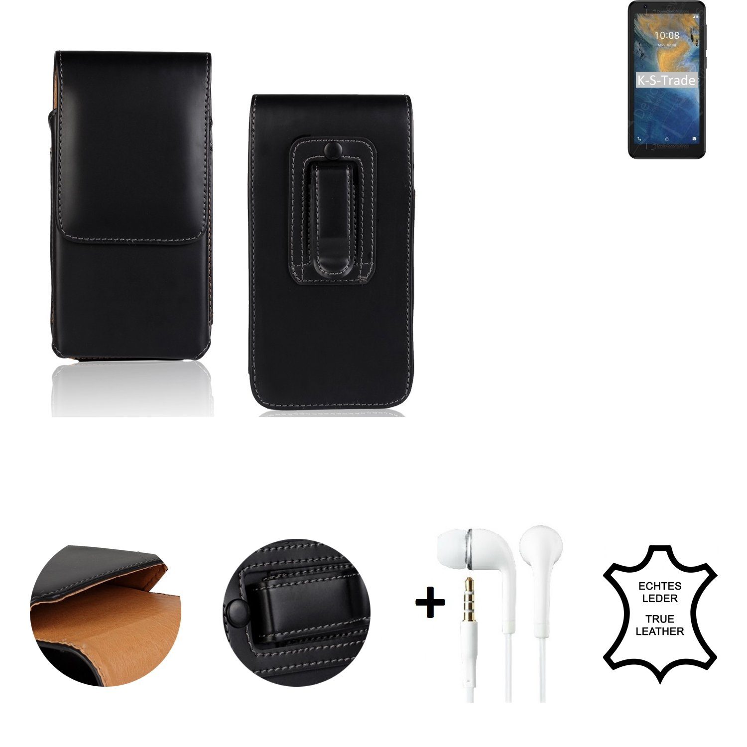 K-S-Trade Handyhülle für ZTE Blade A31 Lite, Leder Gürteltasche + Kopfhörer Seitentasche Belt pouch Holster