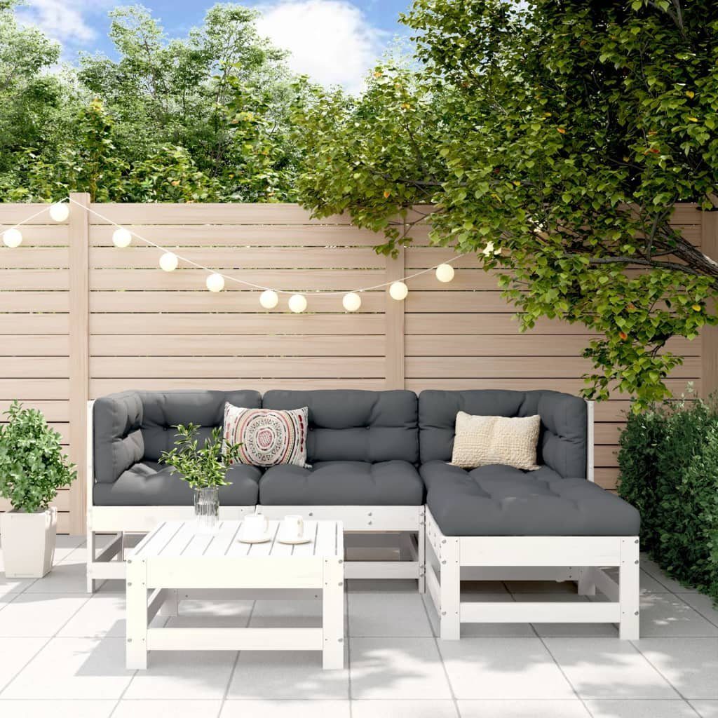 vidaXL Gartenlounge-Set 5-tlg. Garten-Lounge-Set Weiß Massivholz Kiefer, (5-tlg)