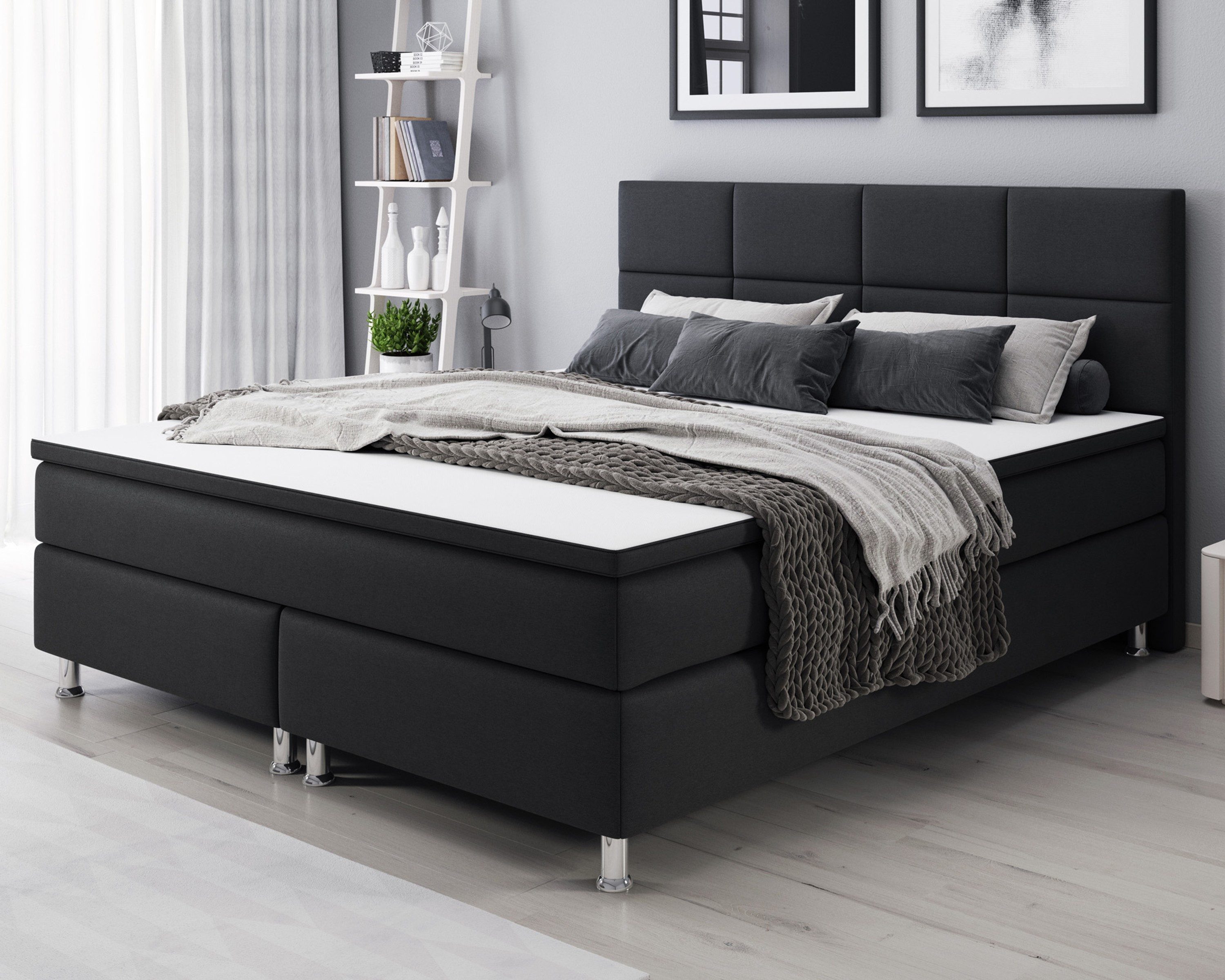inter Boxspringbett Rotterdam 180x200 cm Webstoff mit 7 Zonen Taschenfederkern und Topper (180x200 cm, Schwarz mit 7 Zonen Taschenfederkernmatratzen und Topper), Taschenfederkern-Komfort, gepolstertes Kopfteil, inklusive Matratzen