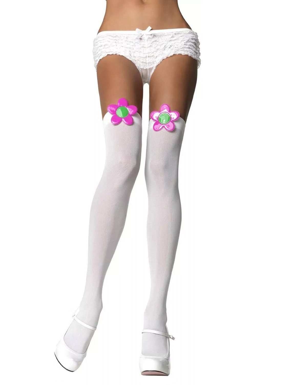 Leg Avenue Socken Weiße Overknees mit 70er Jahre Blüten - Fasching Blickdichte Гольфы mit Flowerpower
