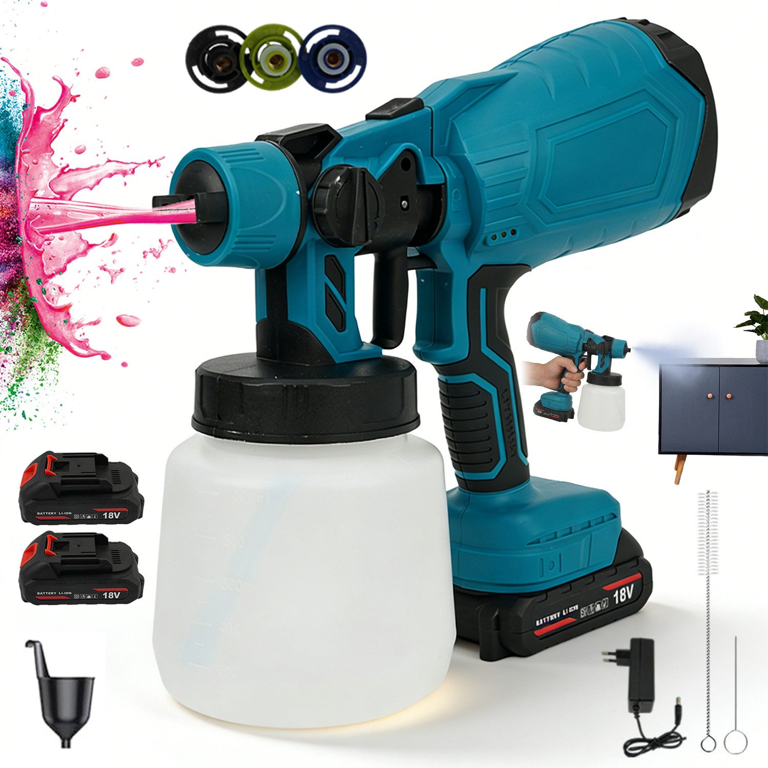AKKEE Farbsprühgerät Akku Farbsprühsystem 1000 ml mit 2 Akkus Farbpistole, 3 Düsen, für Gartenzaun, Wände, Möbel, Decke