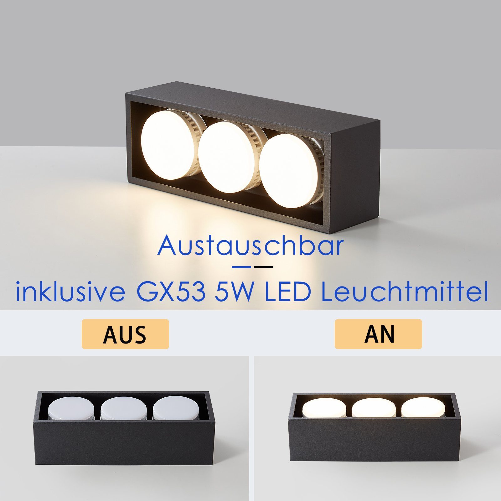 Deckenstrahler 15W Aufbaustrahler Küche - Deckenleuchte für Wohnzimmer, GX53 LED mit LED 3 Deckenspots Eckig Flammig Schwenkbar, ZMH Schwarz 3000k,