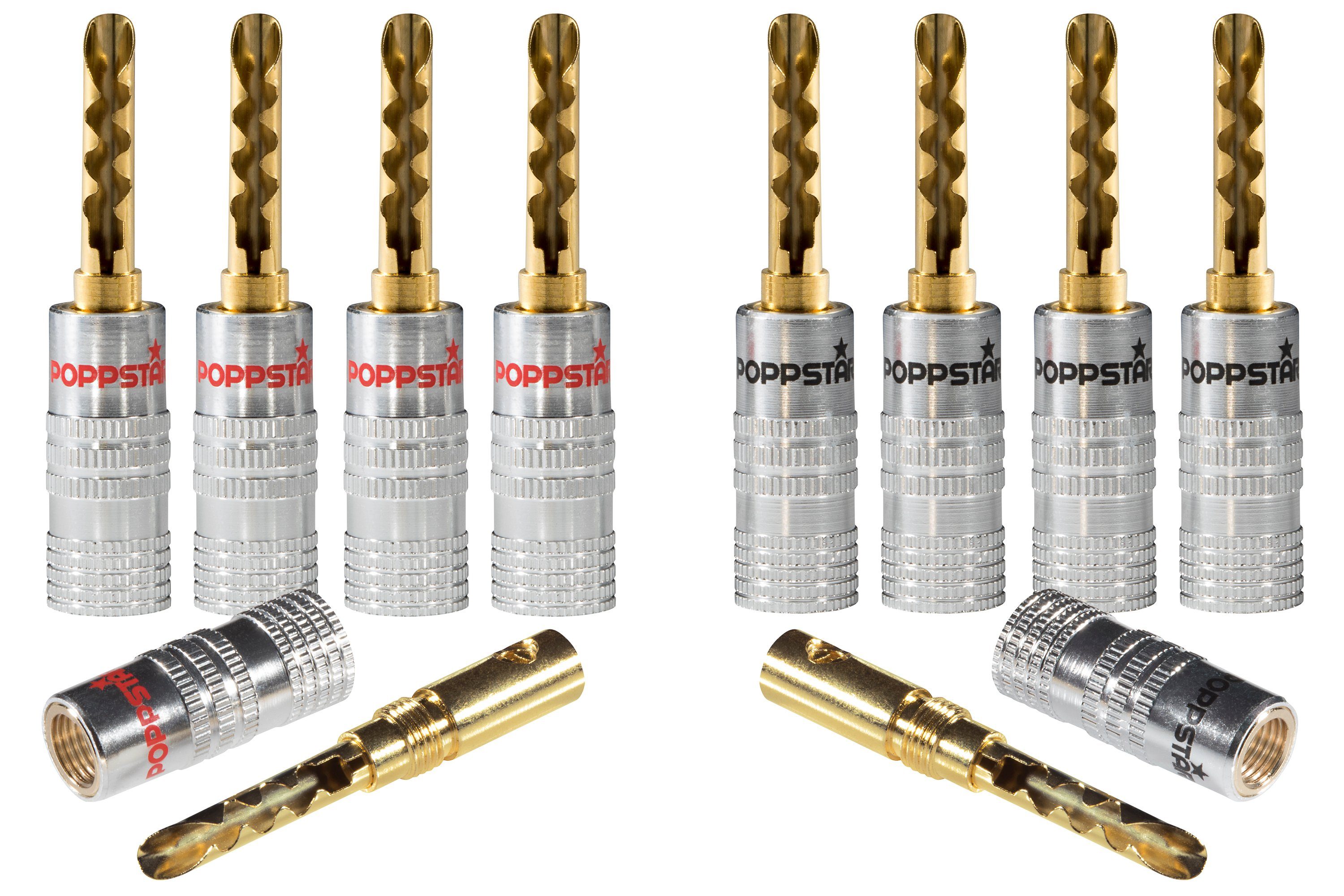 Poppstar Hohl Bananenstecker / Bananas für Lautsprecherkabel (bis 6mm) Audio-Adapter, für Lautsprecher, AV Receiver (Kontakte vergoldet, 5 schwarz, 5 rot)