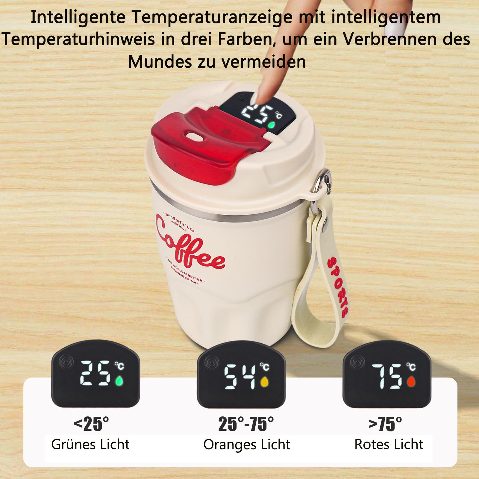 Minicloss Thermobecher 360ml Thermobecher Edelstahl, Kaffeebecher to go Thermo, mit Deckel Auslaufsicher, Intelligente Temperaturanzeige Isolierbecher