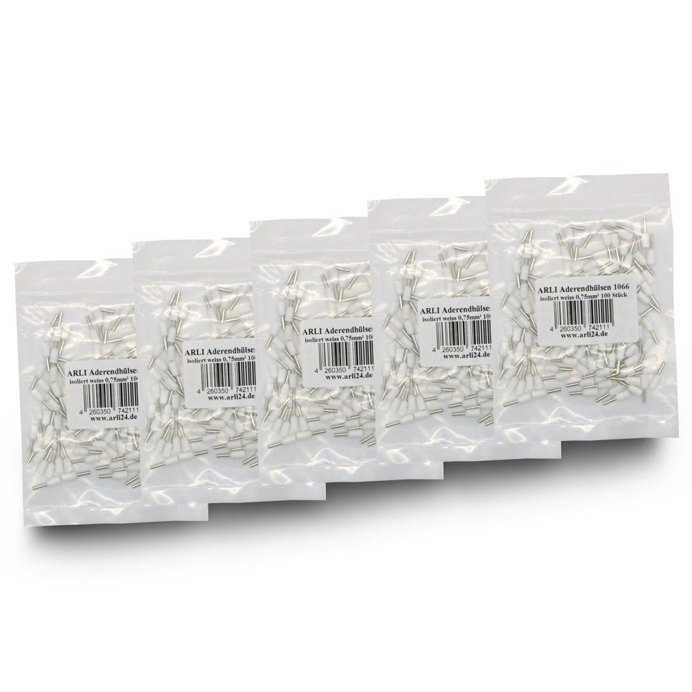 ARLI Aderendhülsen Aderendhülsen weiss 0,75 mm² - 5 x 100 er Beutel (500 Stück), 1-polig, Spar-Set, 500-tlg., 500 Stück, Press Hülsen Stecker 0,75 mm Hülse kfz Draht Elektro Kabelschuhe