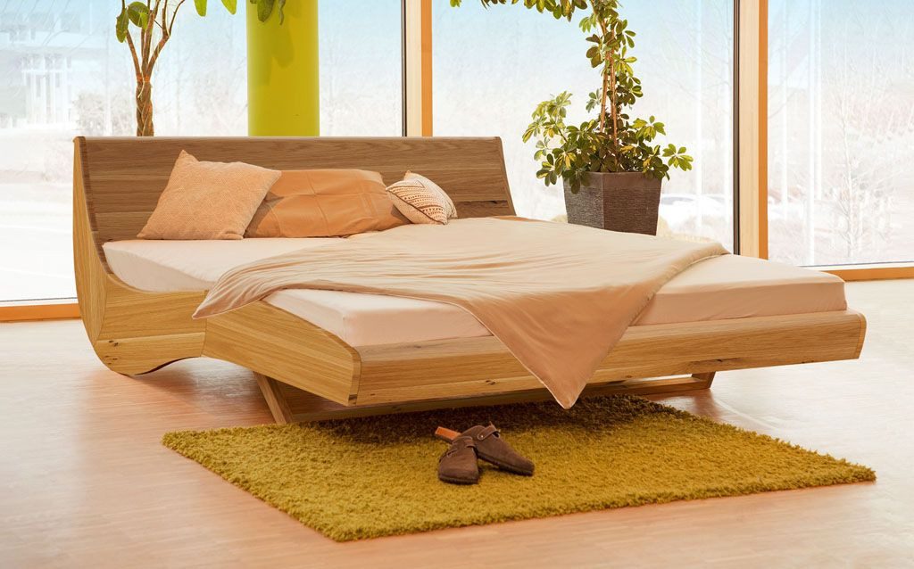 geborgenschlafen Massivholzbett aus Schwarzkiefer – "FLESSA" – Еко-товар & Handgefertigt (90–200×200–220 cm), Elegantes Naturholzbett mit astiger Wildeiche – zeitloses Design