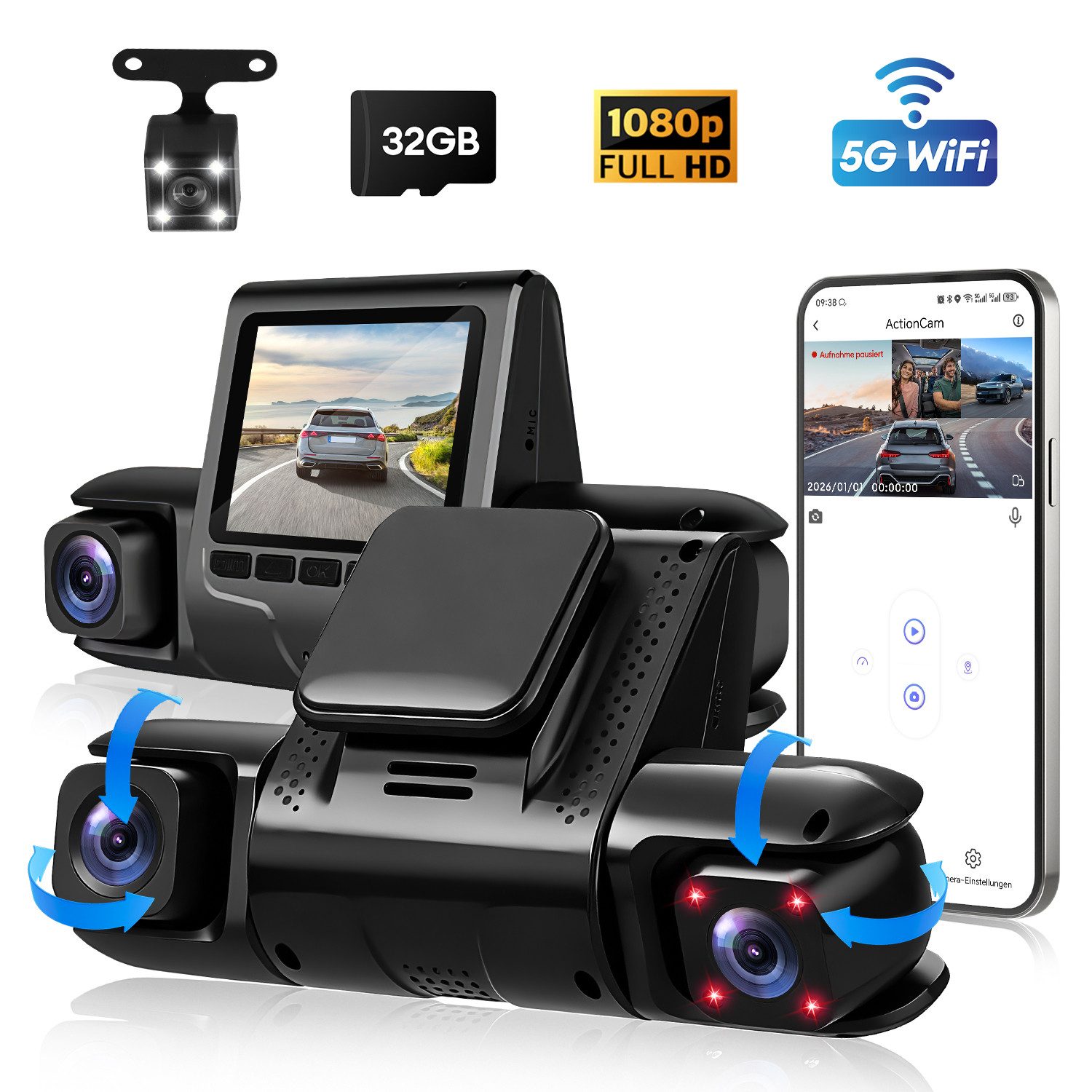 CkeyiN 1080P HDR Dashcam Auto 3-Kanal 1080P+1080P+720P Vorne Hinten Dashcam (Full HD, mit 32GB Speicherkarte 5GHz Wifi 2" IPS-Bildschirm Loop-Aufnahme)