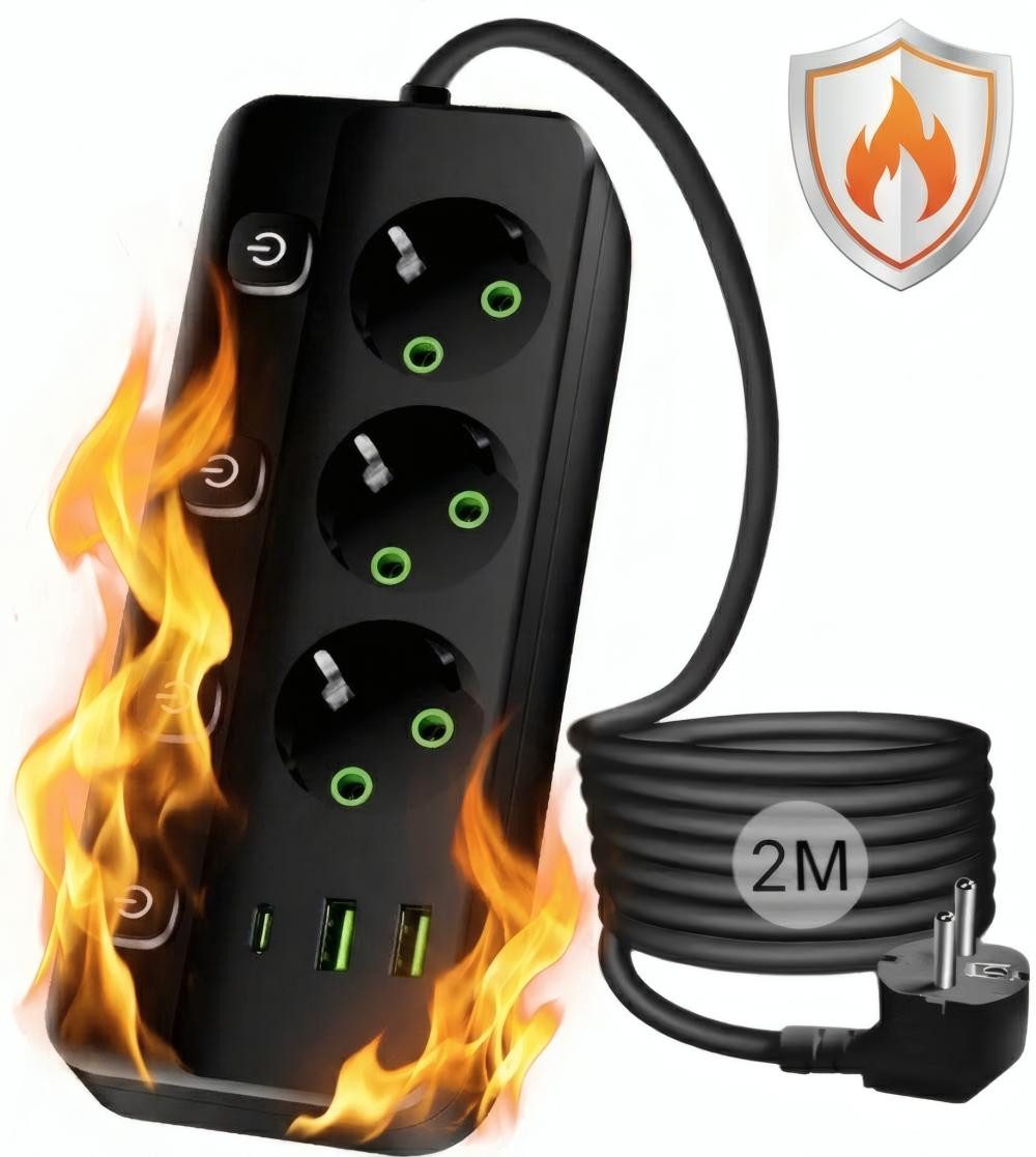 Forrlite Steckdosenleiste 3 fach, Mehrfachsteckdose mit usb & einzelne Schalter Steckdosenleiste 3-fach (Schalterbeleuchtung, separate Ein- / Ausschalter, Schutzkontaktkupplung, Kabellänge 2 m), überspannungsschutz